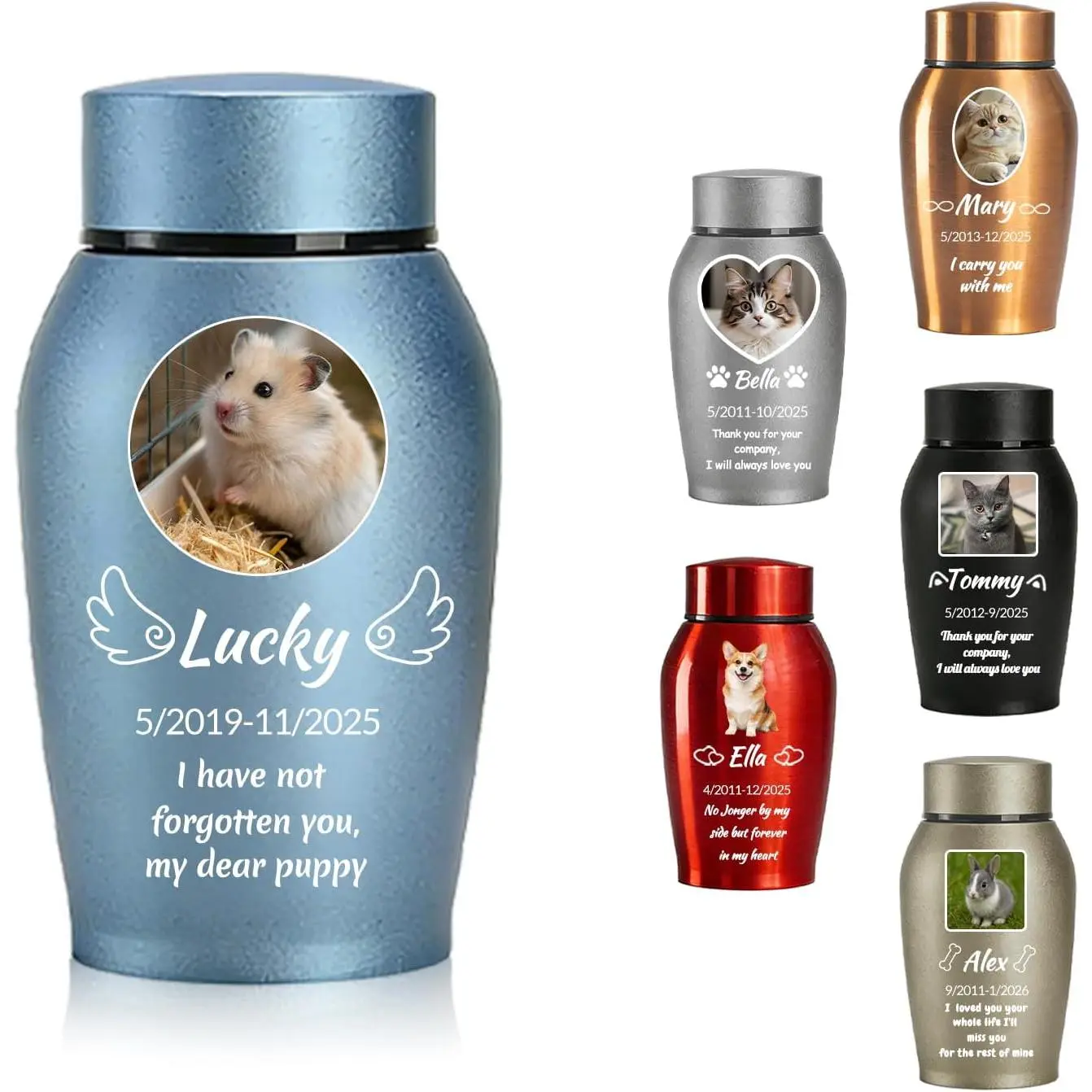 Personalized Pet  for Ashes - Custom Pet Photo Name Date for Cremation, Customized Pet Memorial Urn for Dog Cat (Blue)