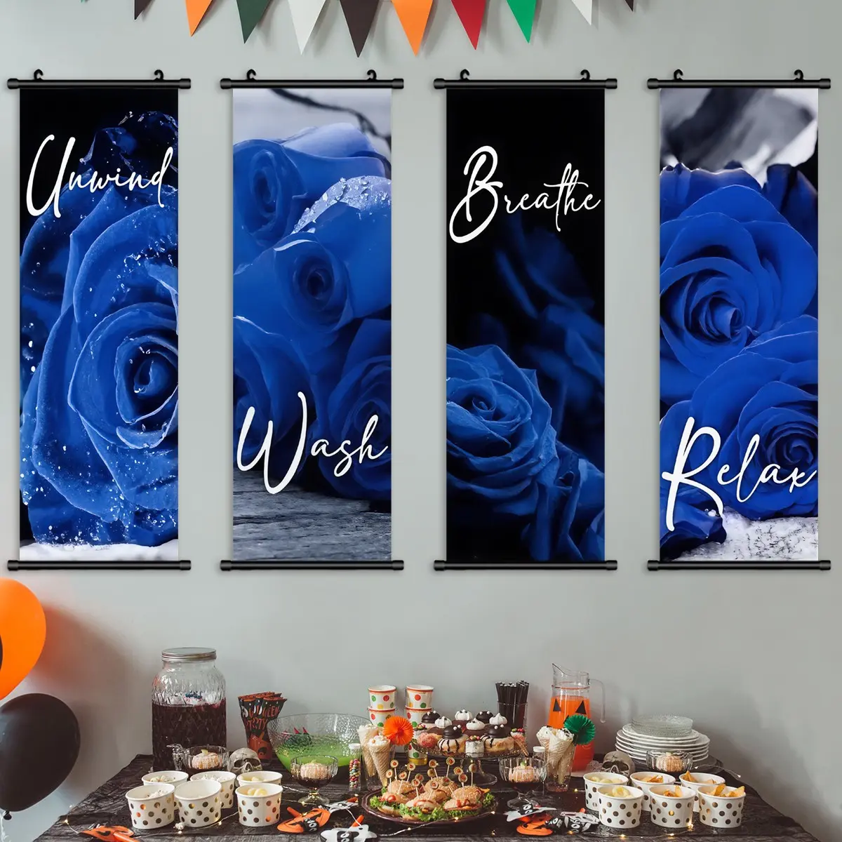 4 Count hanging banner, Blue Rose inspirational copy hanging poster, stylish family living room decoration, modern art poster, fine canvas print, suitable for room, office, corridor wall decoration, tasteless, HD, waterproof
