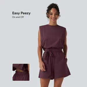 Halara Round Neck Sleeveless Tie-front Cool Touch Casual Romper with Pockets-Easy Peezy-UPF50+