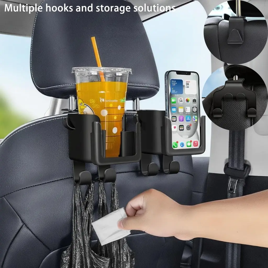 2-Piece Car Seat Back Hooks with Cup Holder, Phone Stand, Heavy-Duty Multi-Functional Organizer, Space-Saving Design for Suvs, Cars, Trucks
