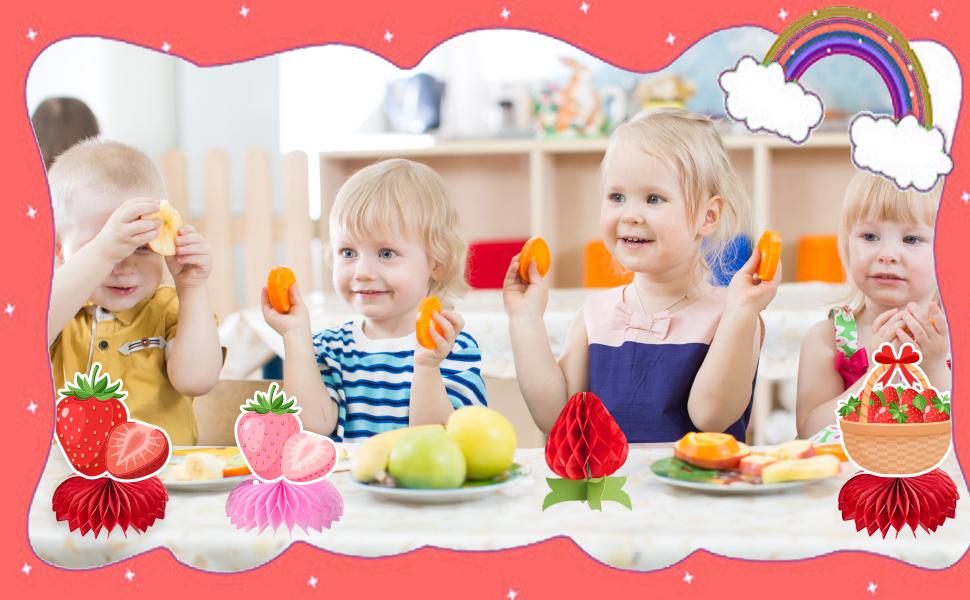 Sweet Strawberry Party Decorations, 12 Pcs Red & Pink Strawberry Honeycomb Centerpieces Table Toppers for Spring Summer Strawberry Theme Party, Birthday & Baby Shower Supplies