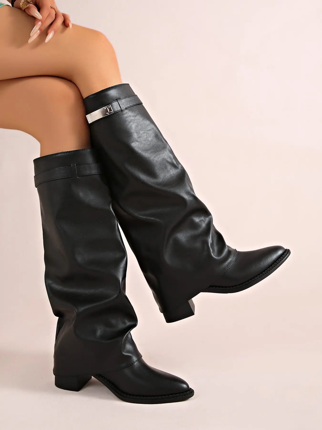 Vintage Luxury Buckle Long Boots, Drop-Crotch Pleated Pants, Soft PU Low Heel, Streetwear Fall Winter, Women's Shoes
