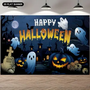 2D Flat, 1pc Halloween Backdrop Banner with Smiling Pumpkin Lanterns, Ghosts, Bats & Haunted Castle - Spooky 2D Printed Vinyl Wall Decoration for Parties, Living Room, Bedroom, Garden - Easy Hang No Power Neede