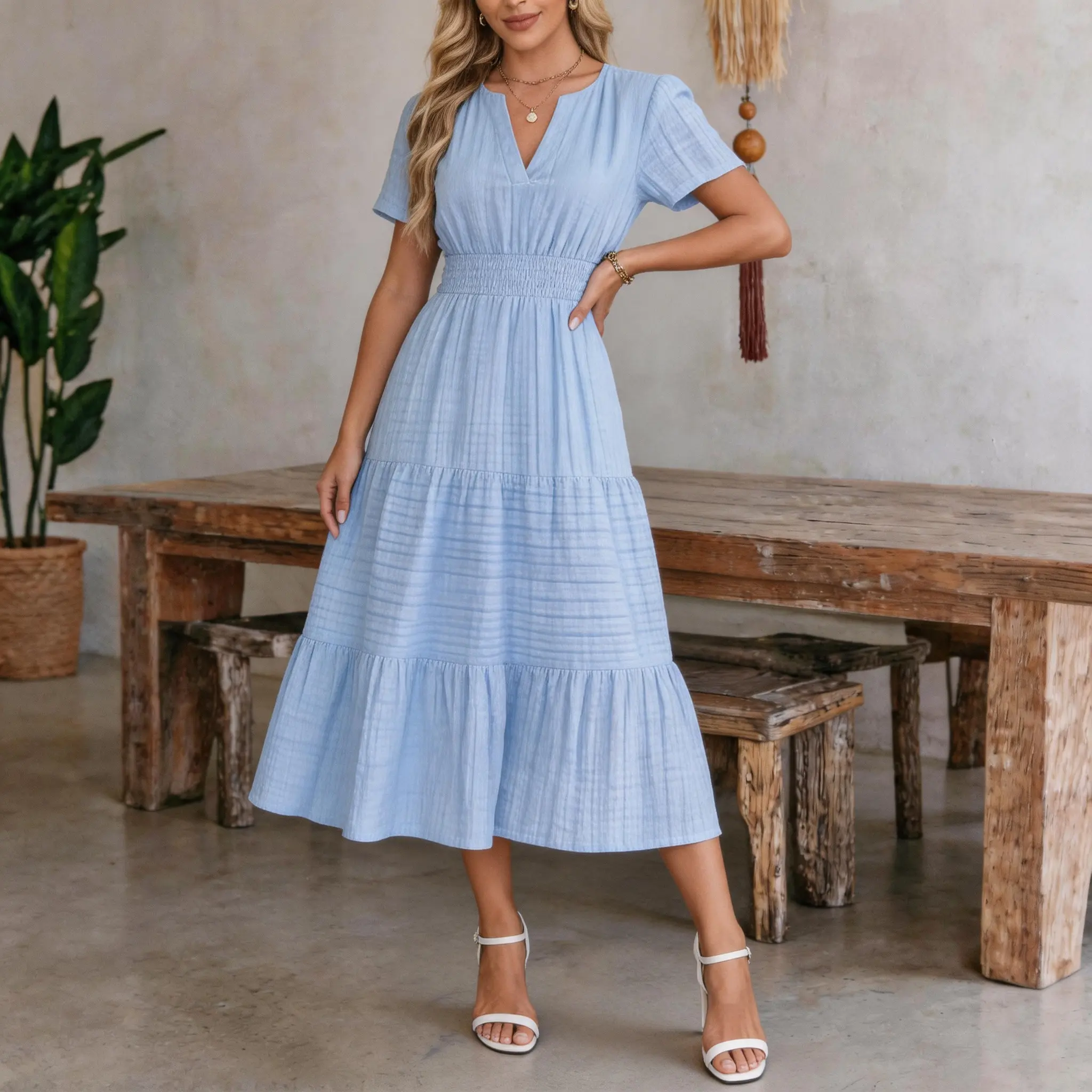 Womens Summer  Casual Midi Maxi Dresses Lightweight Short Sleeve V Neck Elastic Waist Boho Beach Dress#SummerVibes