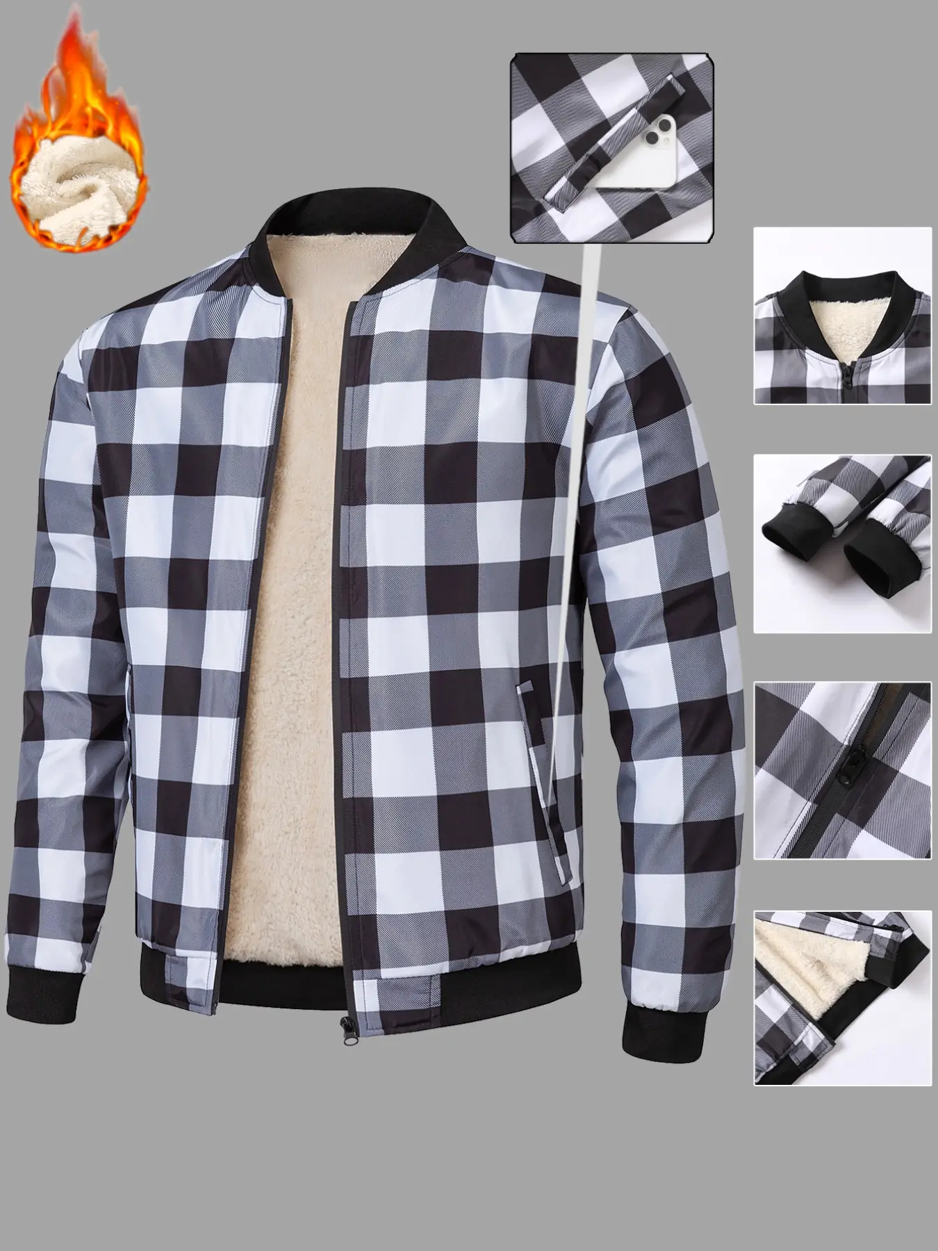 Men's Thickened Windproof Coat, Vintage Checkered Baseball Neck Jacket, Loose Side Pockets, Fall Winter Warm Outerwear