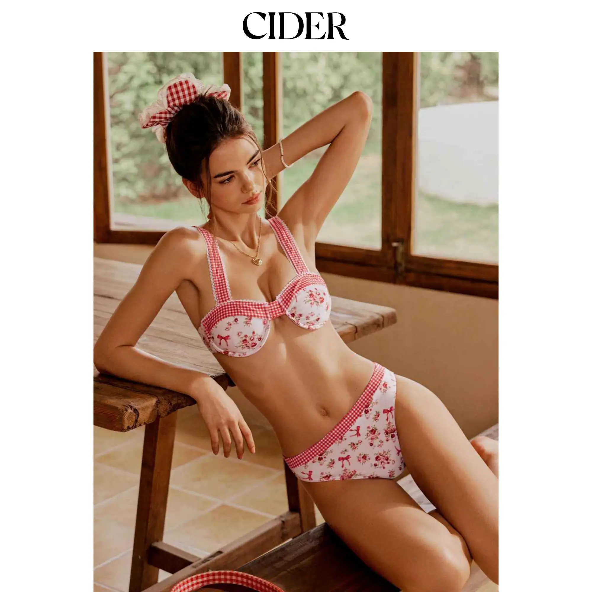 Cider U-neckline Floral Gingham Lace Trim Underwire Cheeky Bikini Set