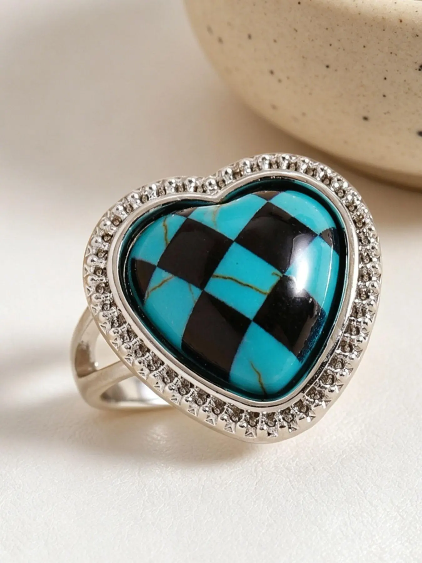 Adjustable Turquoise Checkerboard Ring, Millennial Subculture Heart Square Ring, Music Festival Beach Fashion Jewelry