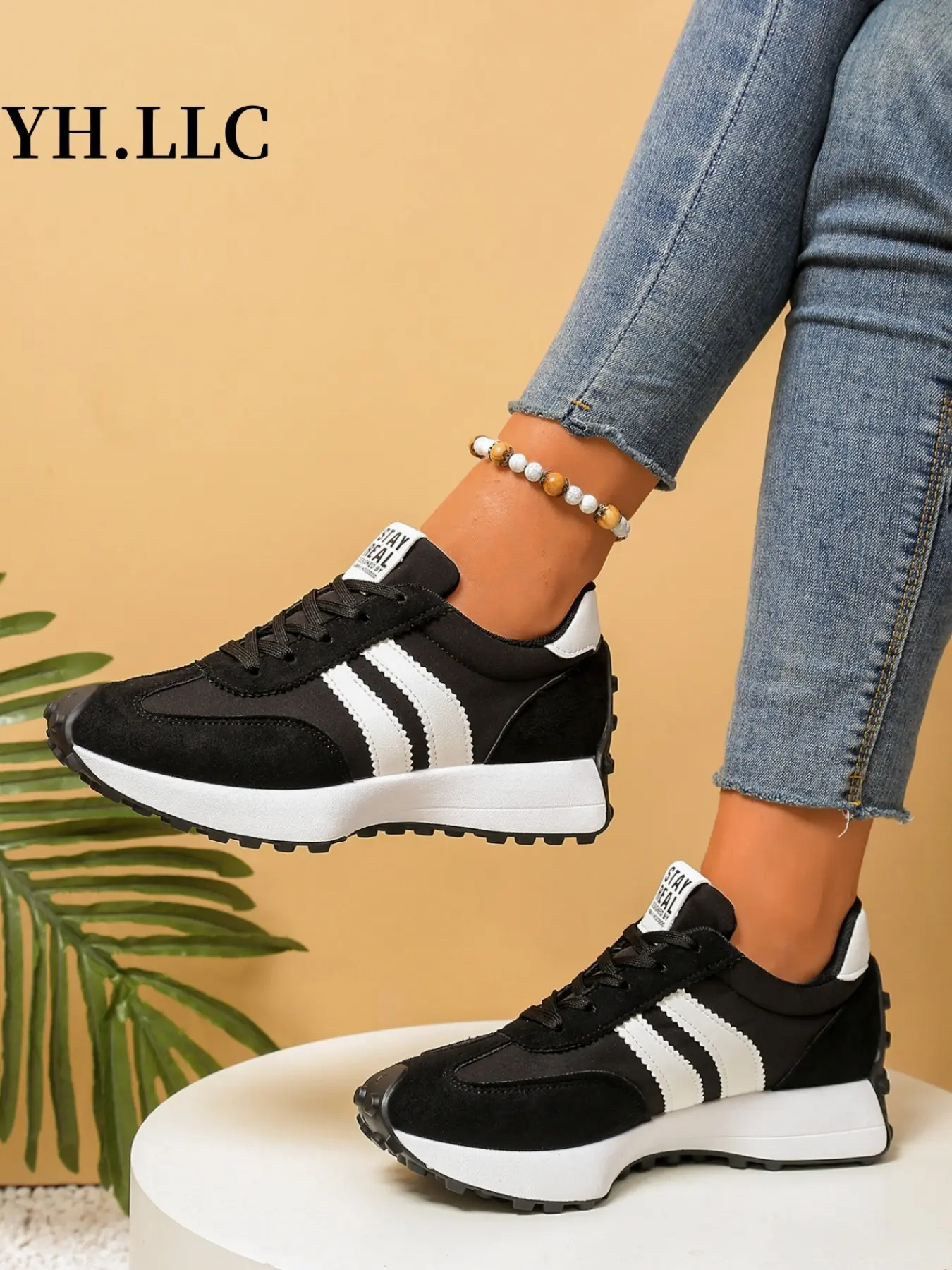 Comfortable Retro Striped Thick Sole Sneakers, Neutral Rubber Sole Walking Training Shoes, Lightweight Vintage Casual Sports Shoes, Anti-Slip Cushioned Daily Wear