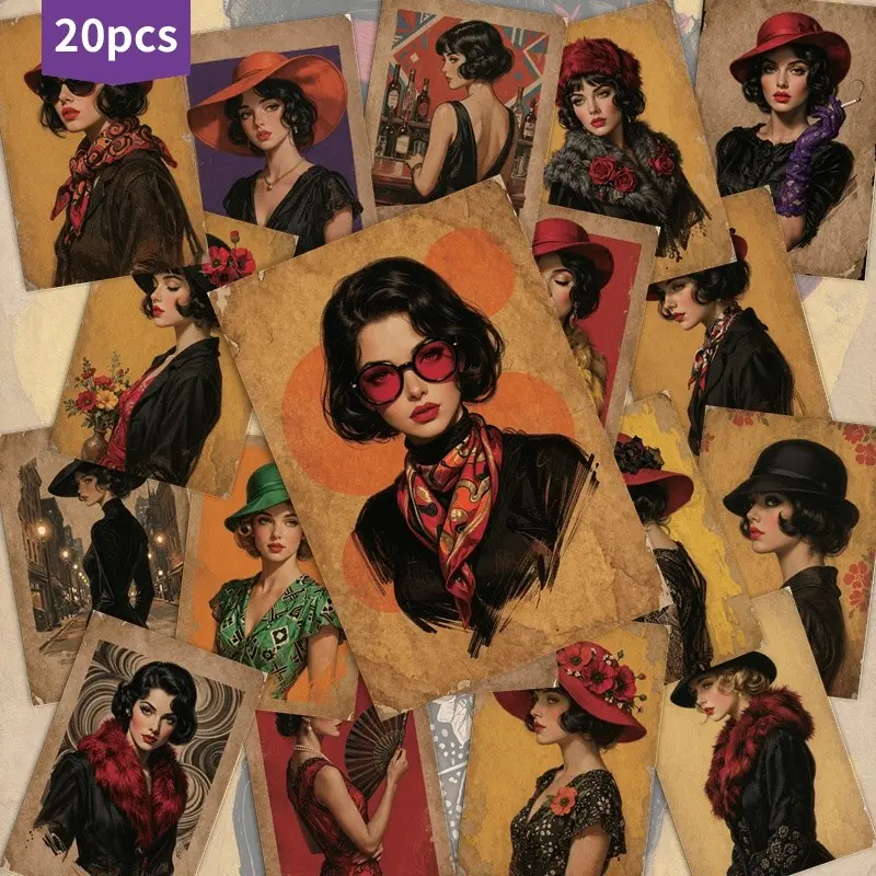 20pcs Vintage Fashion Portrait Postcards. Retro Art Illustration Collage for Decorative Scrapbooking Junk Journal Crafting Aesthetic Ephemera DIY Supplies. Collectible Greeting Cards.