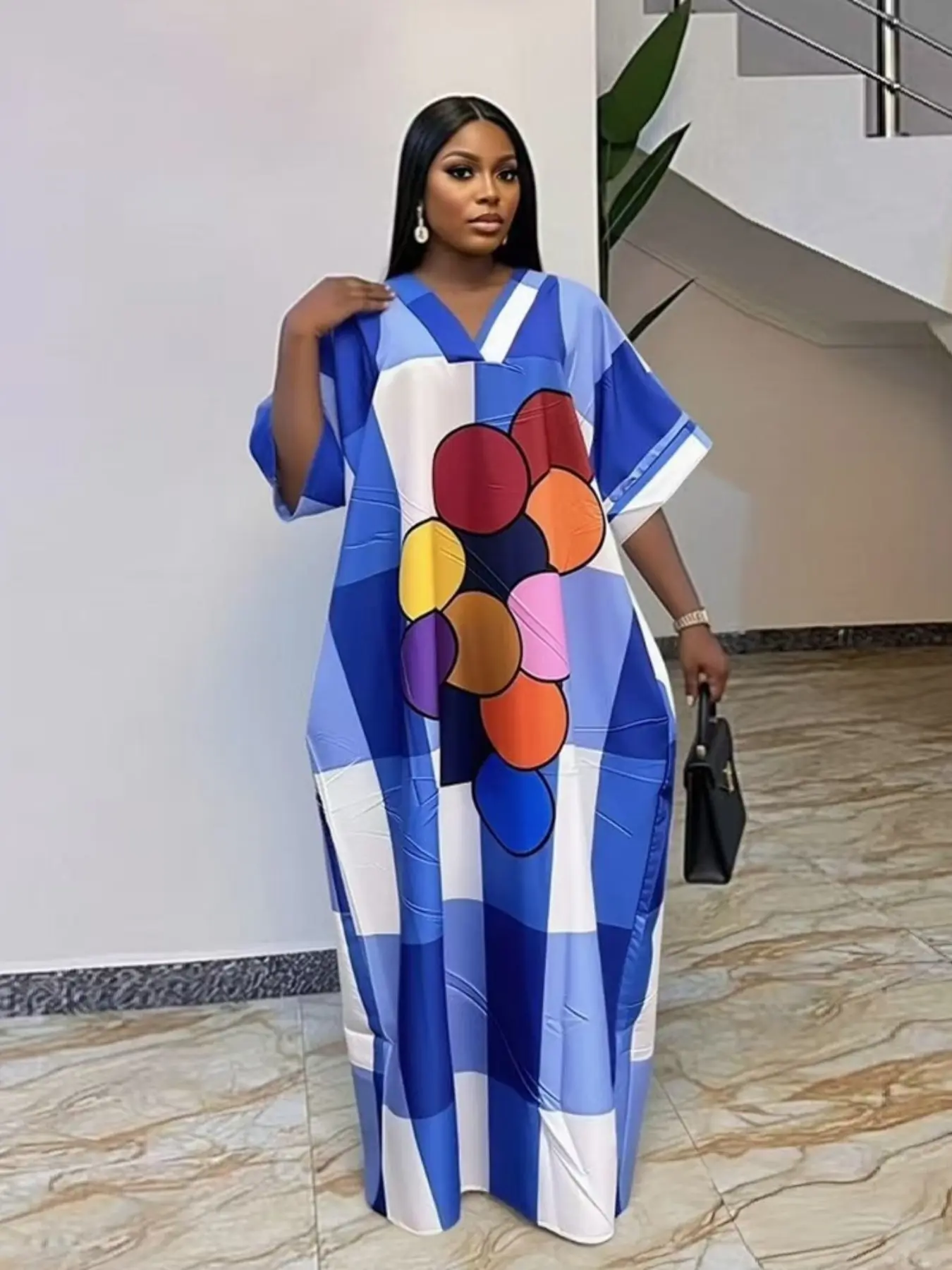African Nigerian Style Women's Dress, Print Patchwork Loose Fit Ethnic Boubou Kaftan, Summer V Neck Short Sleeve, Elegant Party Dress with Pockets, African Wear