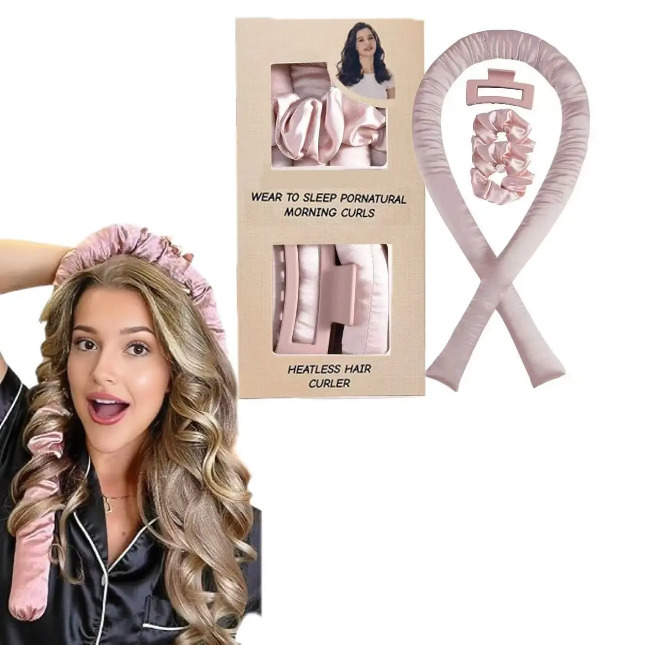 No Heat Curler Set for Easy Waves and Curls, 4-Piece Silk No Heat Hair Styler, Nighttime Frizz-Free, Suitable for All Hair Types and Lengths, Heatless Hair Curler