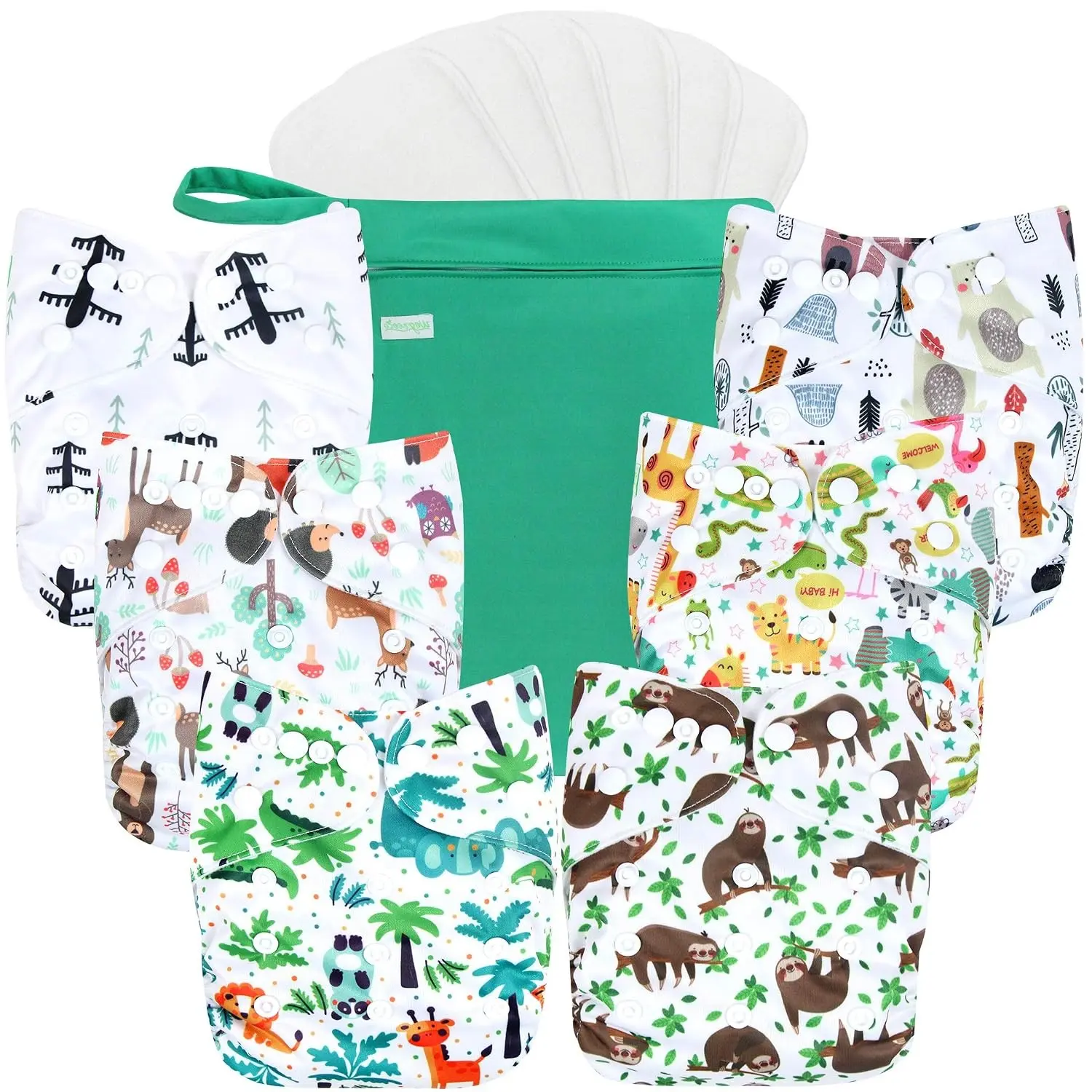 6 Pack Cloth Diapers with 6 Inserts & 1 Wet Bag, Washable Reusable One Size Adjustable Baby Diapers (Forest Animals)(Gift)