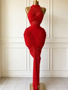 2026 New Arrival Classic and Stylish Formal Sleeveless Halter-Neck Fitted Mermaid-Style Maxi Dress with a Fitted Pleated Train Stretch Fabric Perfect for Parties Dates Night Out Nightclubs Birthdays and Vacations