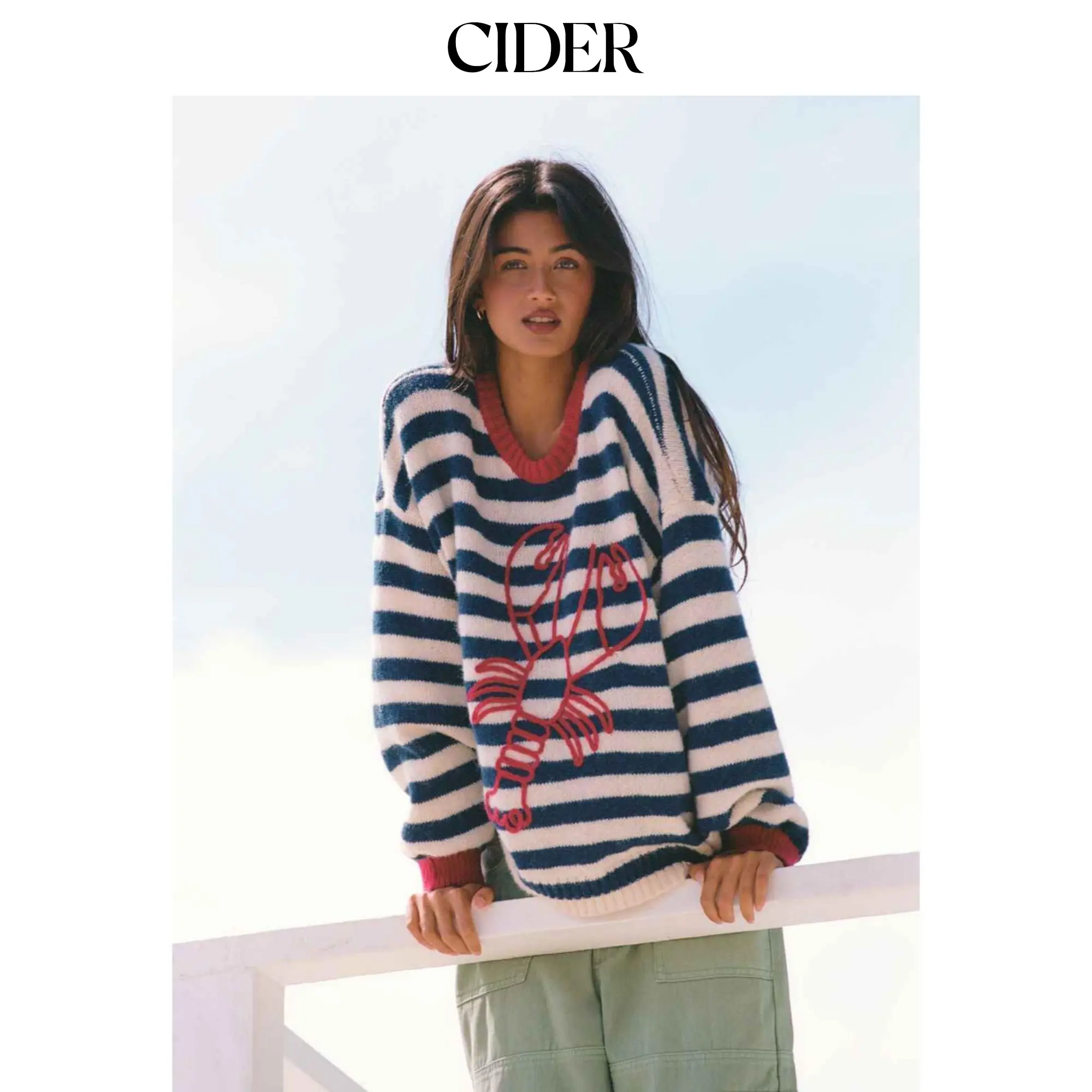 Cider Knit Stripe Lobster Graphic Long Sleeve Contrasting Binding Oversized Top SohoChic Cider Knit Stripe Lobster Graphic Long Sleeve Contrasting Binding Oversized Top SohoChic