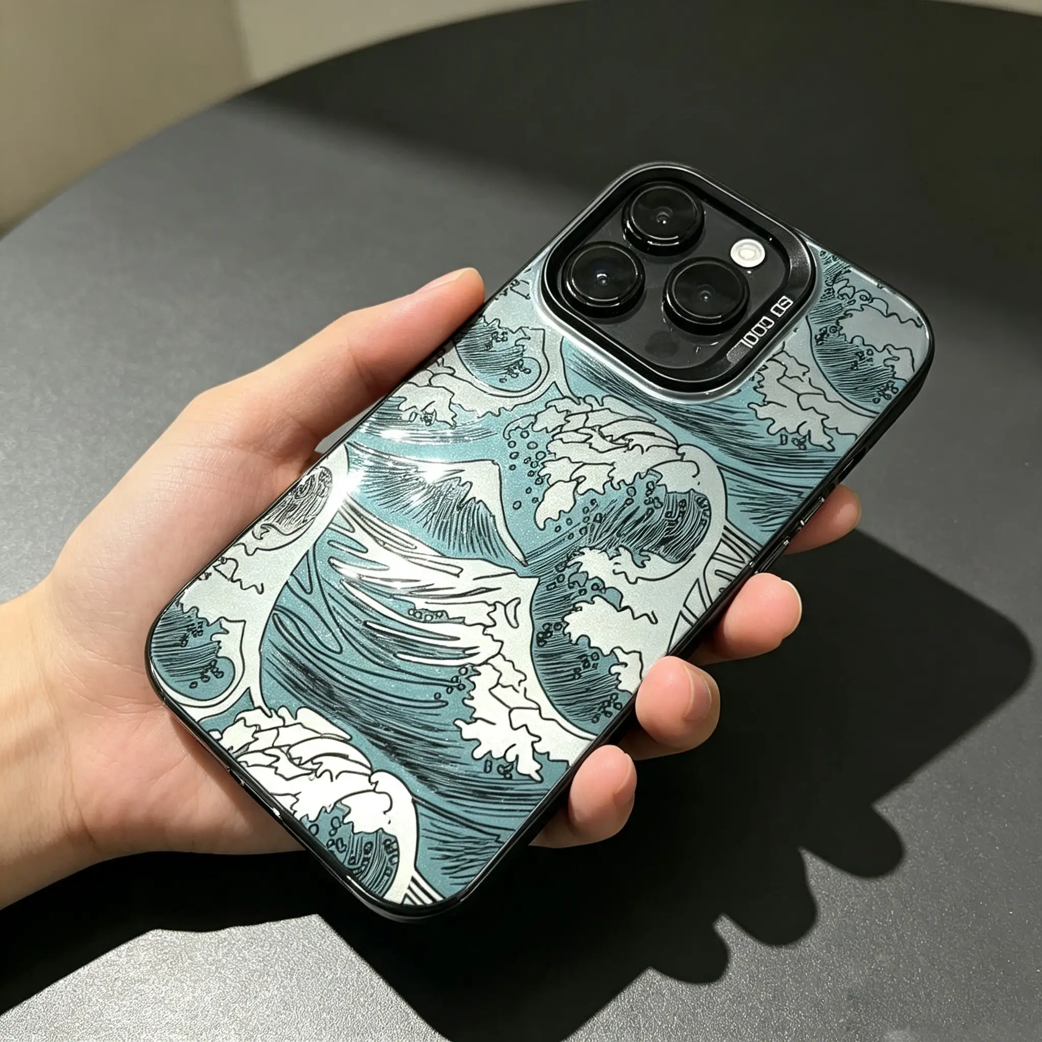 Japanese Kanagawa Wave Mirror Surface Smartphone Case for iPhone 11-16 Pro Max, Multi-Color, Raised Lens Frame, Hard Shock-Resistant Aesthetic Street Protective Cover for Handheld Cellphone Devices with Enhanced Protection