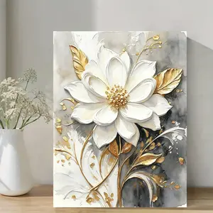 2D Flat Gold Leaf and White Flower Framed Canvas Wall Art, Aesthetic Wall Decor - Modern Abstract Floral Painting, Cream and Gold Tone, Vertical Version for Home & Office Decoration - Ready to Hang Holiday