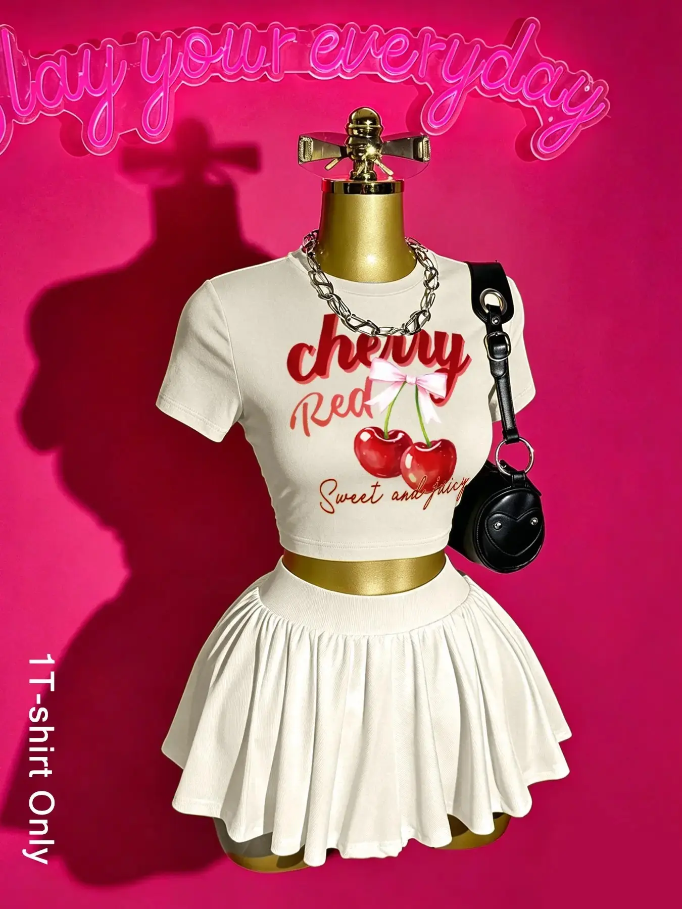 American Vintage Y2K Cherry Print Short T-Shirt, Summer Lightweight Slim Fit Crop Top, Casual Loose-Fitting Tee with Collar, Unlined Plain Surface