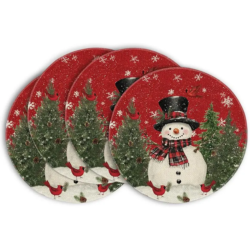 Snowman Trees Snowflakes Christmas Round Placemats Set of 4, 14 Inch Winter Round Table Mats for Dining Decoration