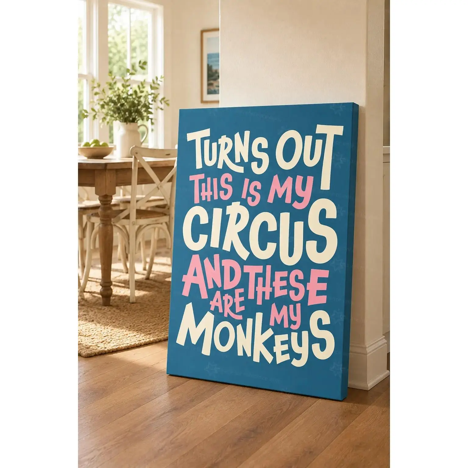 2D Flat, 2D Flat, 1pc Wall Decor, a Retro Poster Featuring The Phrase 'This Is My Circus, These Are My Monkeys', a Blue And Pink Minimalist Canvas Artwork, a Distinctive And Imaginative Wall Aesthetic
