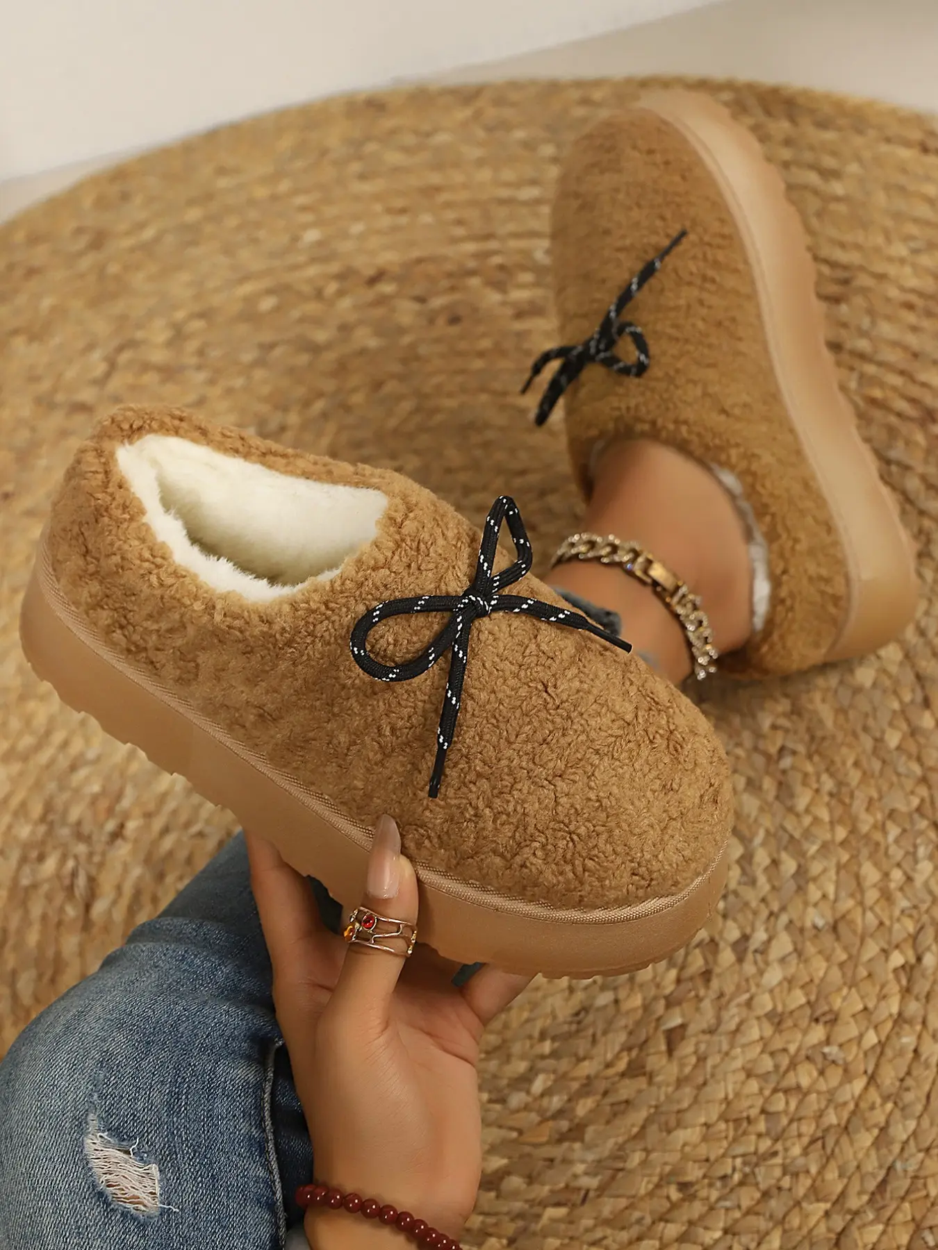 Women's Teddy Fleece Bow Decor Slip-On Shoes, Plush Lined Thick Platform, Warm Winter Fuzzy Loafers, Casual Fall & Winter Footwear