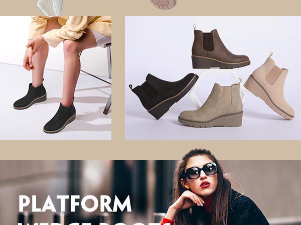 Women's Chelsea Wedge Boots Elastic Platform Lug Sole Slip on Wedge Ankle Booties