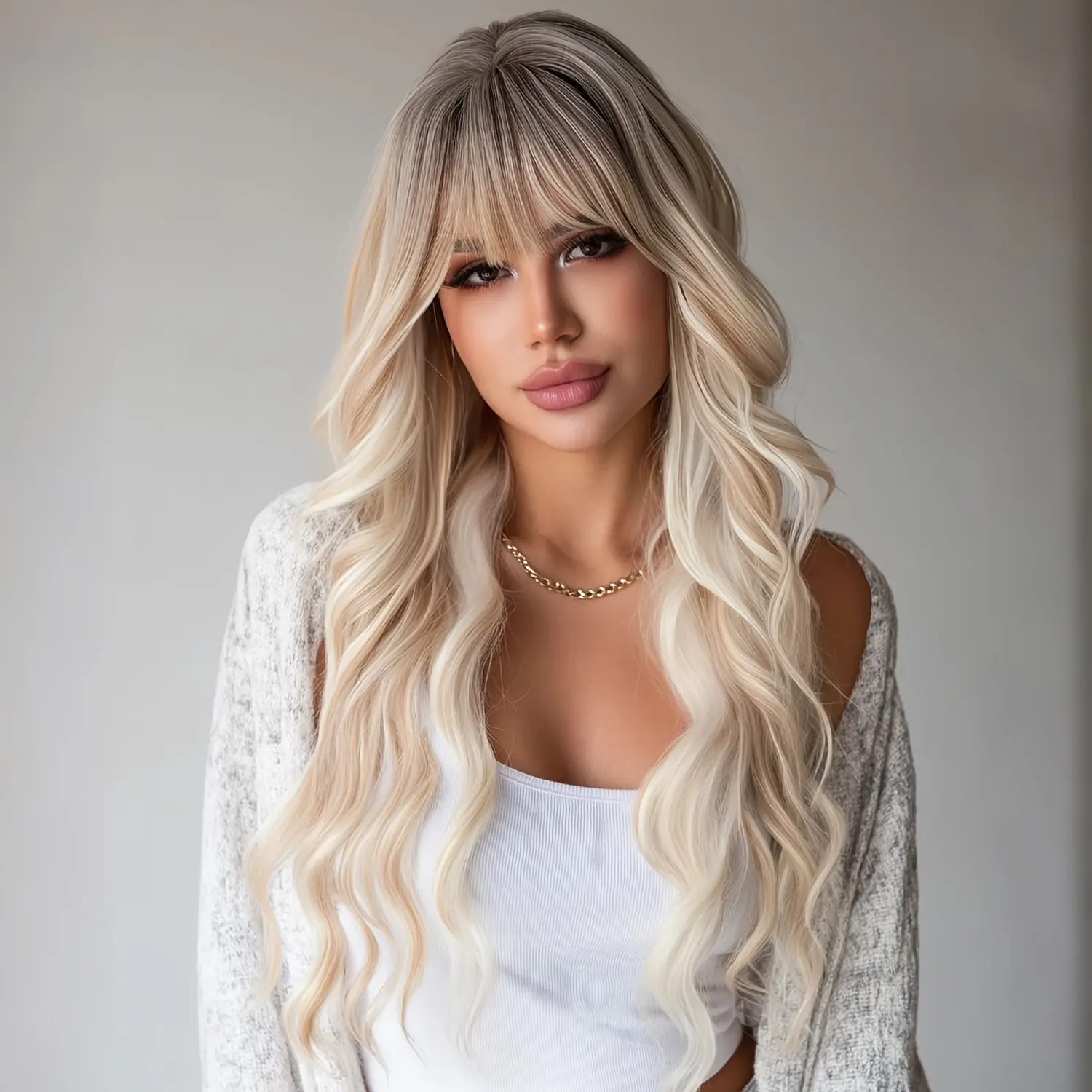 Synthetic Full Machine Wig for Females - Long Blonde with Bangs, Soft Heat-Resistant Fiber, Natural-Looking, Comfortable, Easy to Style for Parties/Events, Daily Looks