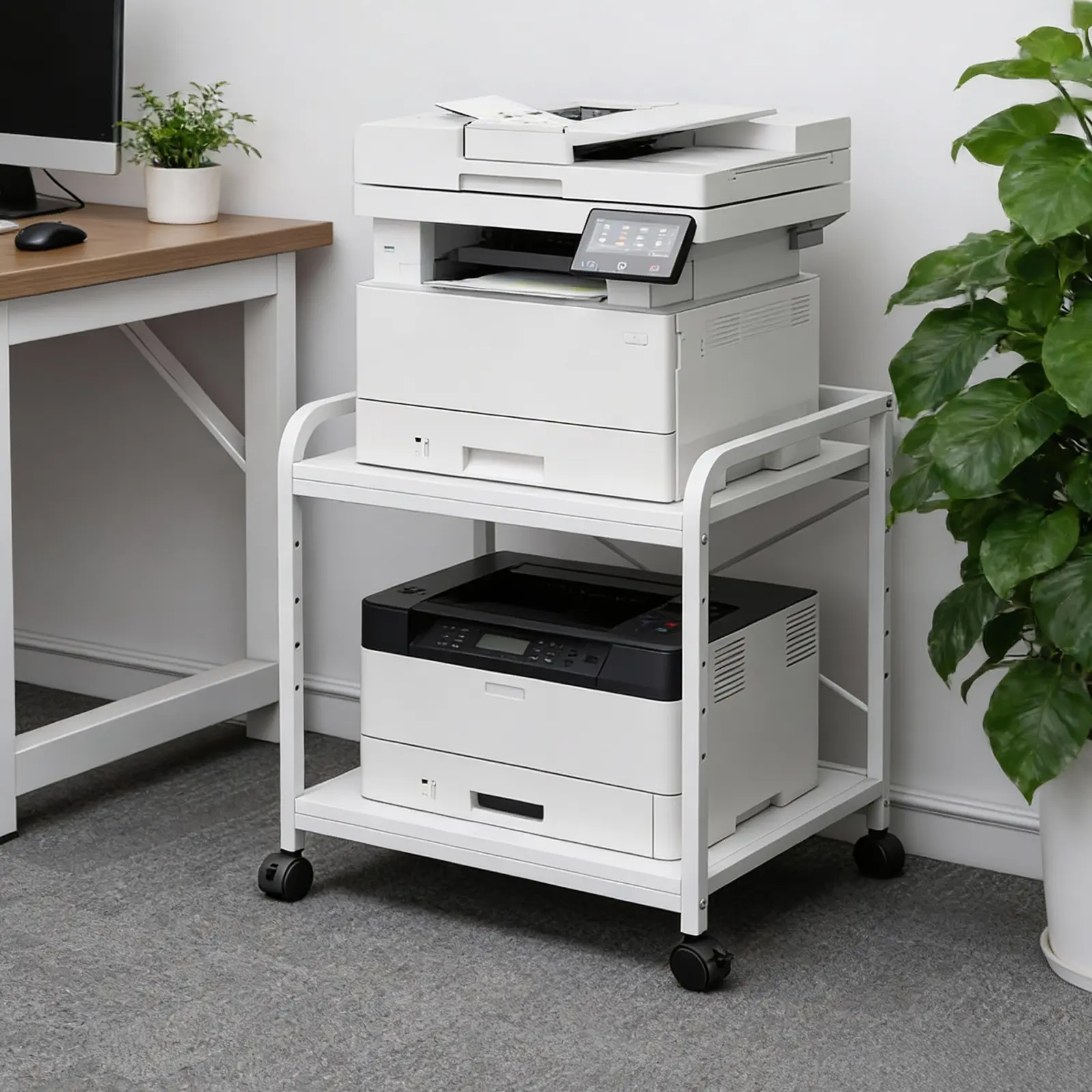 2 Tier Under Desk Printer Stand, 20 inch Deep Large Rolling Printer Cart with Wheels, Height Adjustable Shelf, Mobile Printer Table for Scanner, Home Office Storage & Workstation