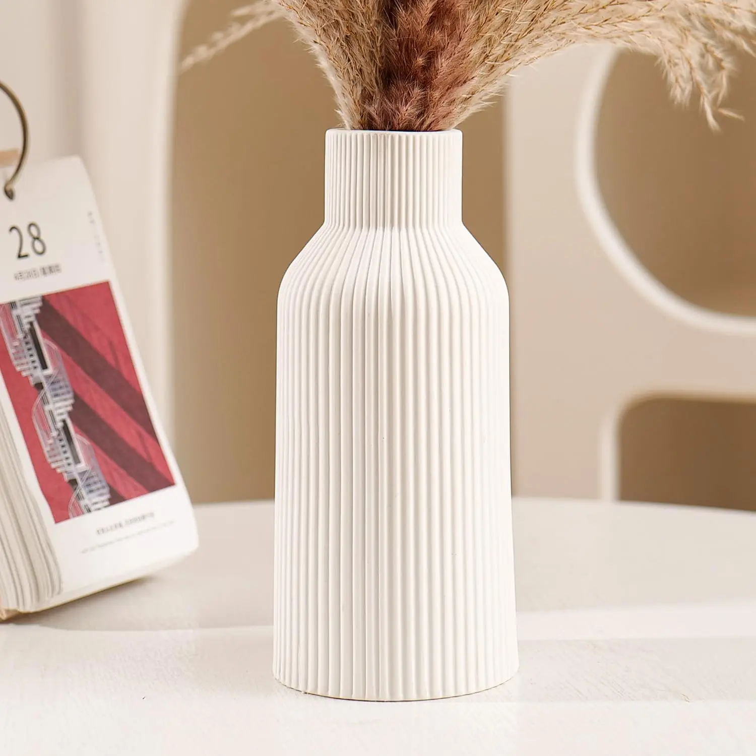 Bohemian White Ceramic Vase - for Pampas Grass, Mantel, Bookshelf, Entryway and Living Room Decor (White, 7in)