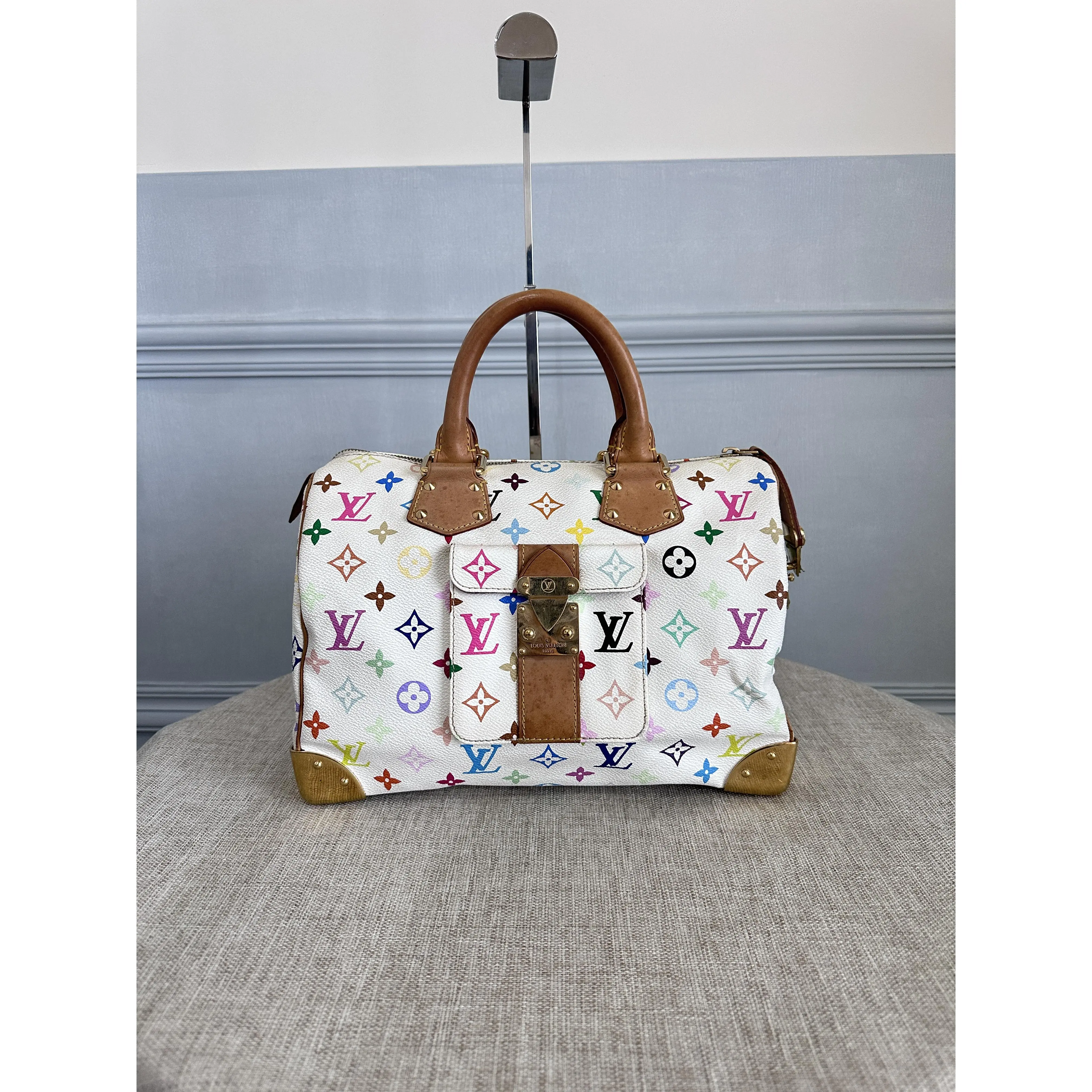 Pre-owned Louis Vuitton Monogram Multicolore White Speedy 30 with Front Pocket