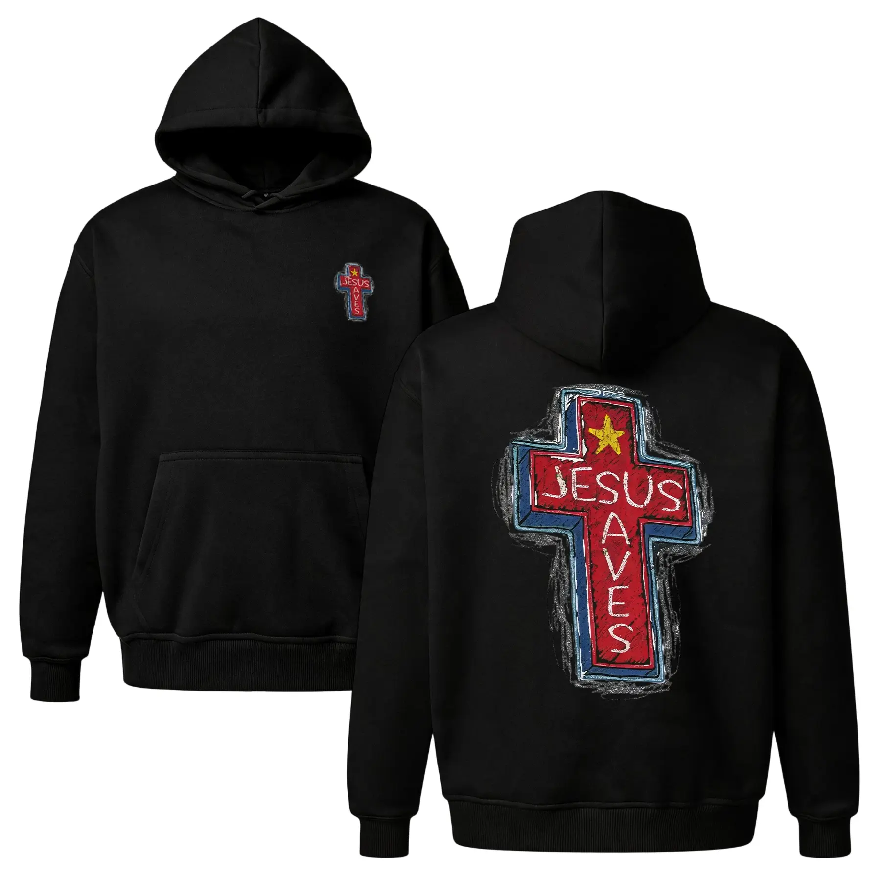 "JESUS SAVES" Graffiti Hoodie |   Christian Streetwear Back Print Sweatshirt |   Y2K Cross Art Pullover |   Oversized Unisex Fleece Top |   Edgy Skater Faith Hoodie for Men & Women