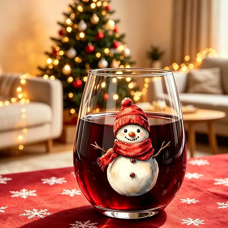 Cute Christmas Snowman Stemless Wine Glass, Festive Holiday Home Decor Drinking Cup, Ideal Christmas Gift for Family & Friends, Ideas for Christmas Gifts