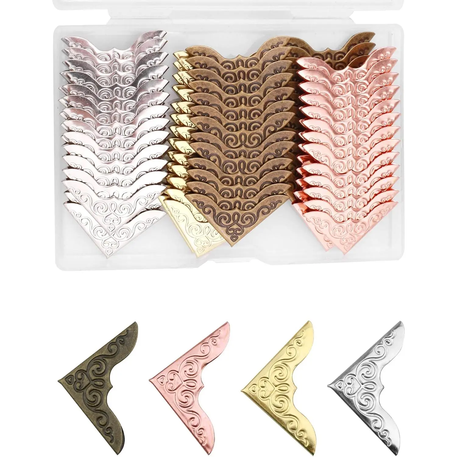 100 count Metal Book Corners Protectors for Photo Albums Scrapbooking | Iron Corner Guard  Decorative Cover for Pictures Paper Crafts Folder Supplies (Antique Bronze+++Rose )