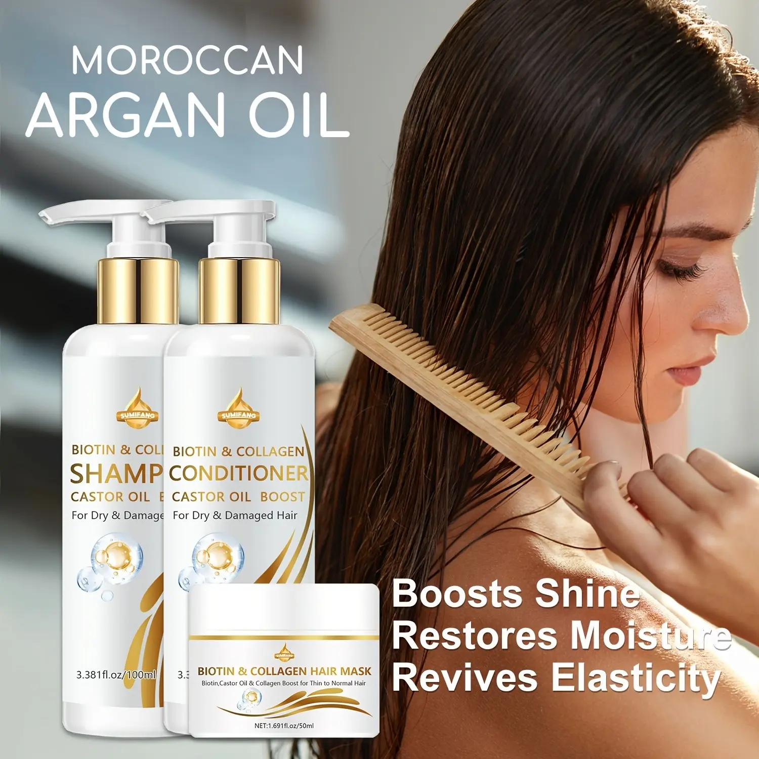 3-Piece Biotin & Collagen Hair Care Set, Nourishing Shampoo, Conditioner, Deep Repair Essence, Keratin & Argan Oil Moisturizer, for Dry Damaged Hair