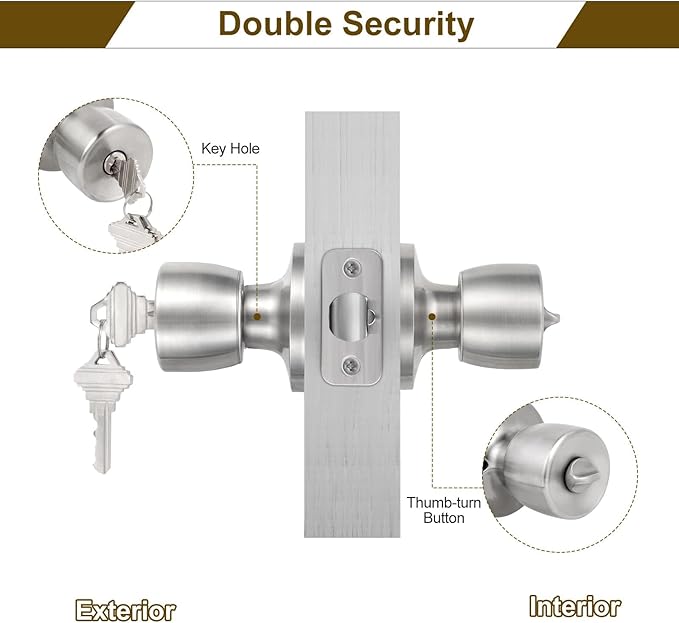 Door Knob with Lock and Key, Keyed Entry Door Knob, Exterior and Interior Door Lock for Front Commercial and Residential Area, Home, Office, Hotels