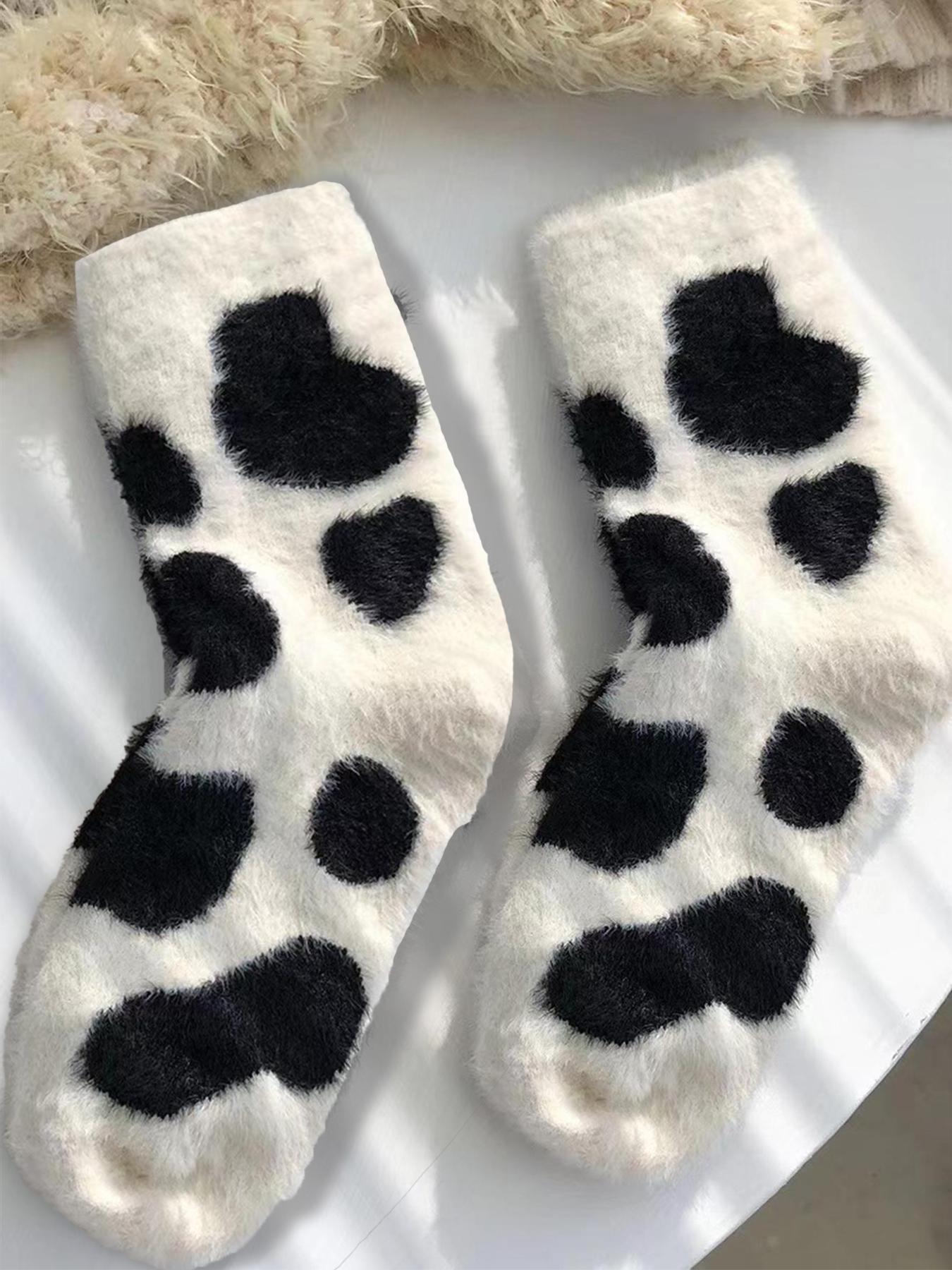 Women's Cow Print Fuzzy Mid Calf Socks, Cute Warm Crew Socks for Daily Wear, Casual Comfy Hosiery for Fall & Winter, Trendy Matching Jacquard Knitting Socks