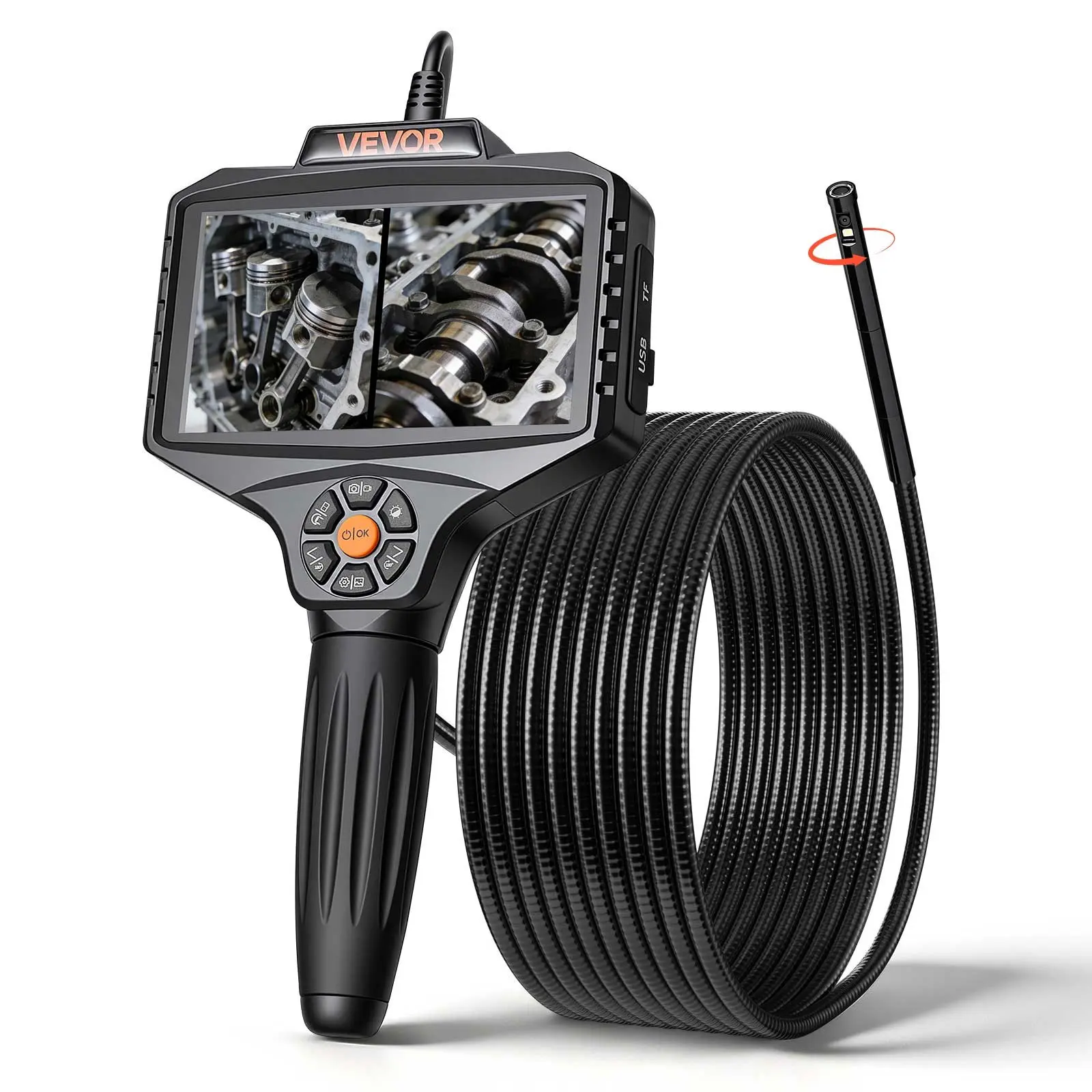 【toolupgrade】VEVOR 1080P HD Industrial Borescope Inspection Camera, 360-Degree View Rigid Snake Scope with Rotating Probe and Light, 16.4ft Length for Wall and Auto Engine Inspect