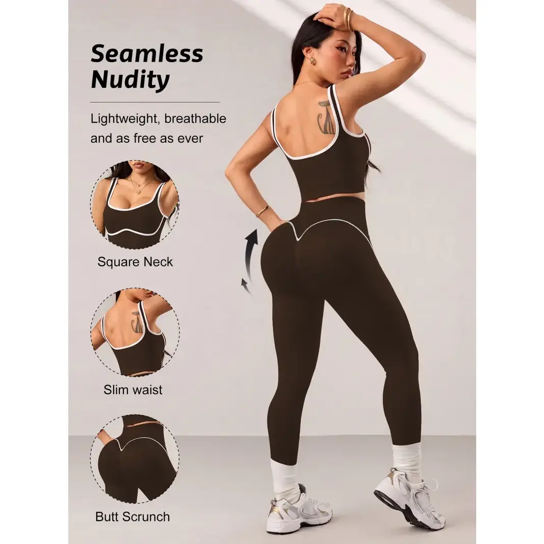 Women's 2-Piece Athleisure Set, Seamless Color-Block Tank Top & High-Waisted Leggings, Breathable Casual Sportswear for Yoga, Gym, All-Season Fitness Outfits