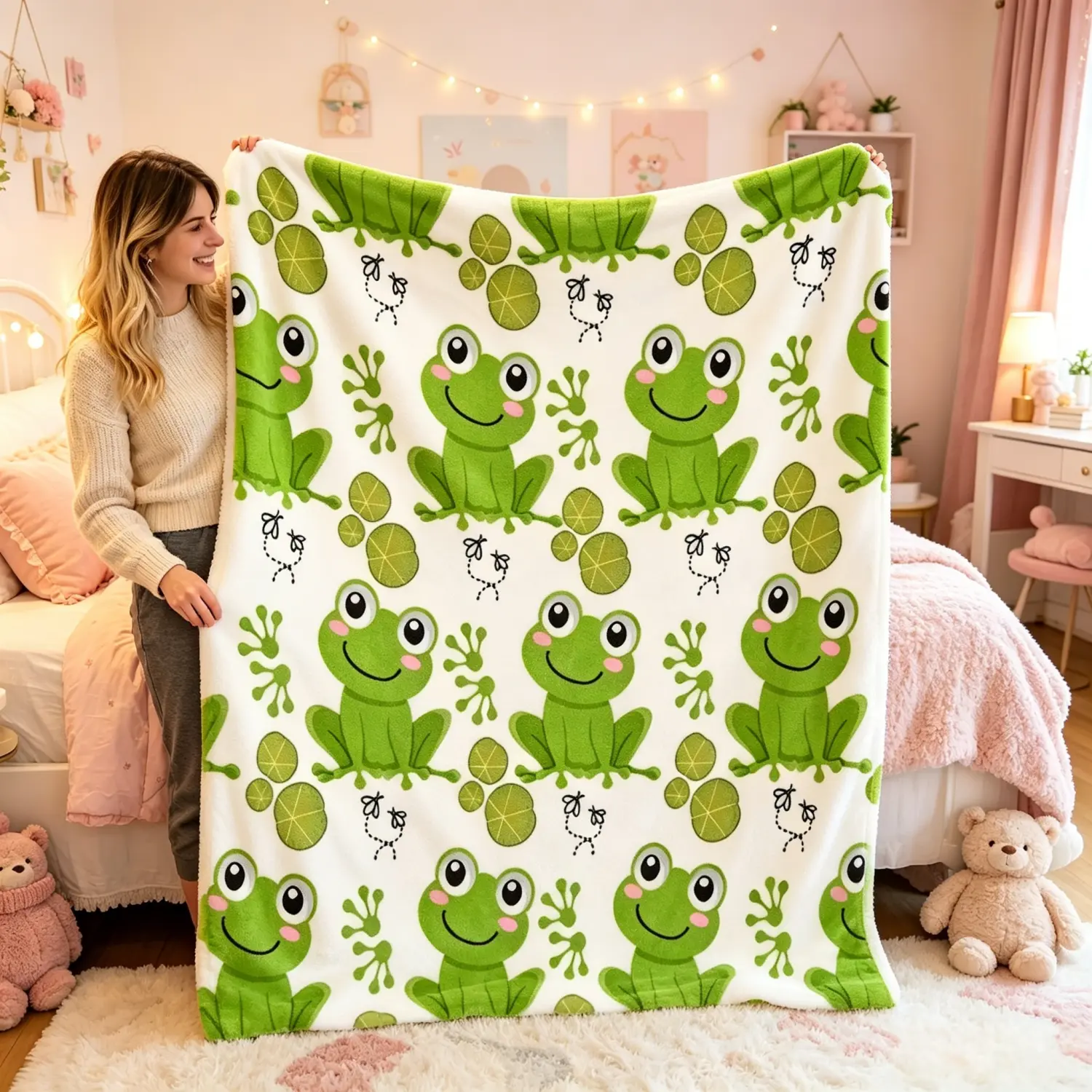 Cute Cartoon Frog Green Leaf Pattern Flannel Throw Blanket, Soft Warm Fresh Design All Season Blanket for Nap Camping Travel Sofa Bed, Perfect Birthday Christmas Thanksgiving Housewarming Gift for Family Friends Frog Lovers