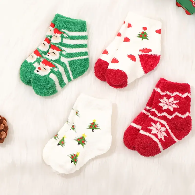 Kids' Calf Socks - 4-Pair Thick Plush Autumn/Winter Socks, Loose Cuff, Cute Soft, Newborn to Toddler Christmas Gift, Unisex Boys and Girls