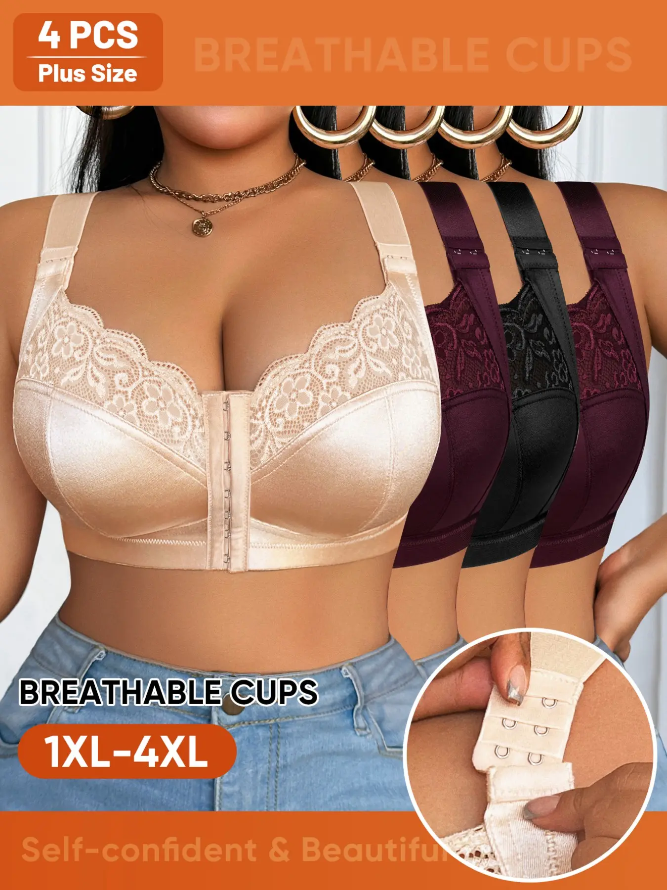 4-Pack Front Buckle Wireless Bras, Medium Support Full Coverage, Casual All-Seasons Bra, Unlined Plain Design for Daily Wear