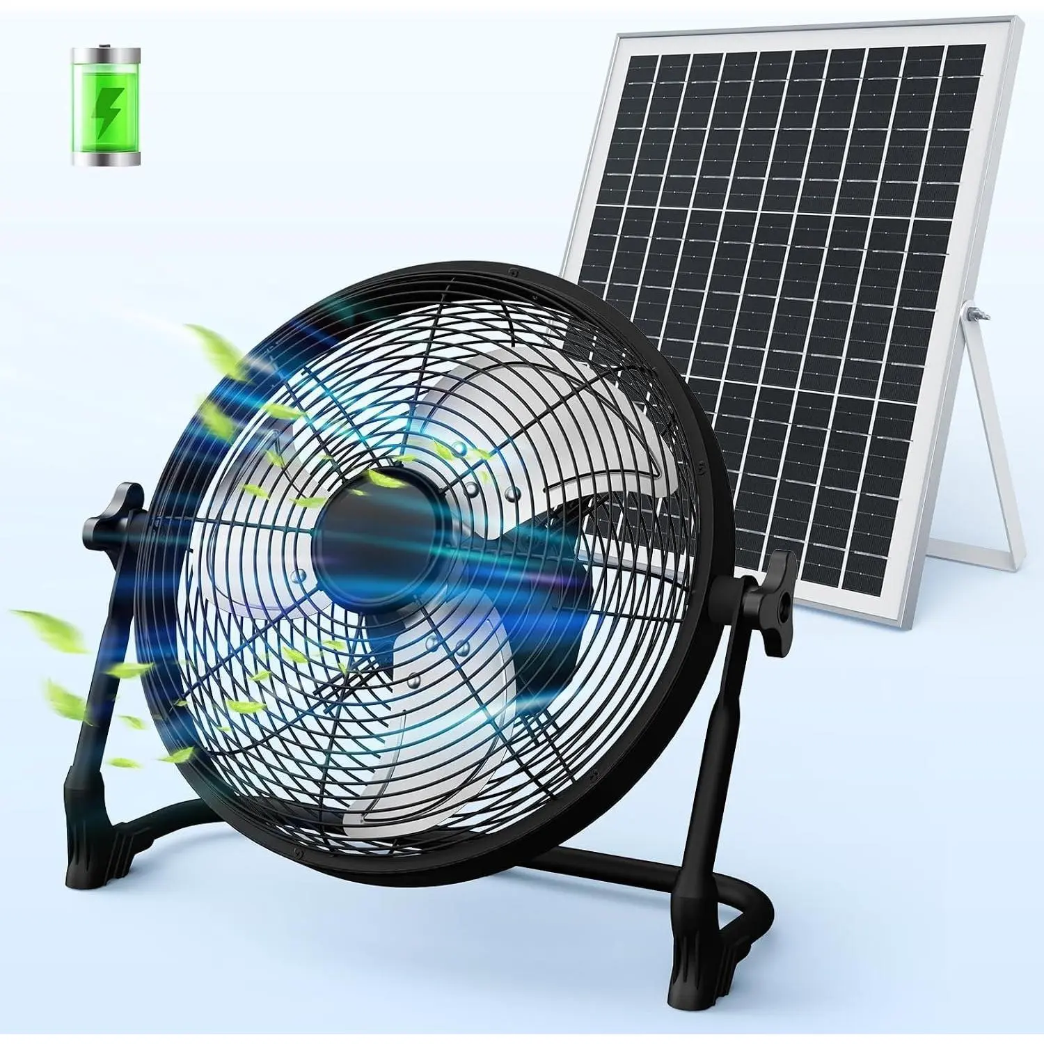 14" Portable  Operated Solar Fan, Rechargeable Floor Fan, Hi-Velocity Cordless Camping Fan, USB Phone Charge, 12-60H Runtime, Quiet, , For Travel Shed Outdoor  Garage Tent  Barn