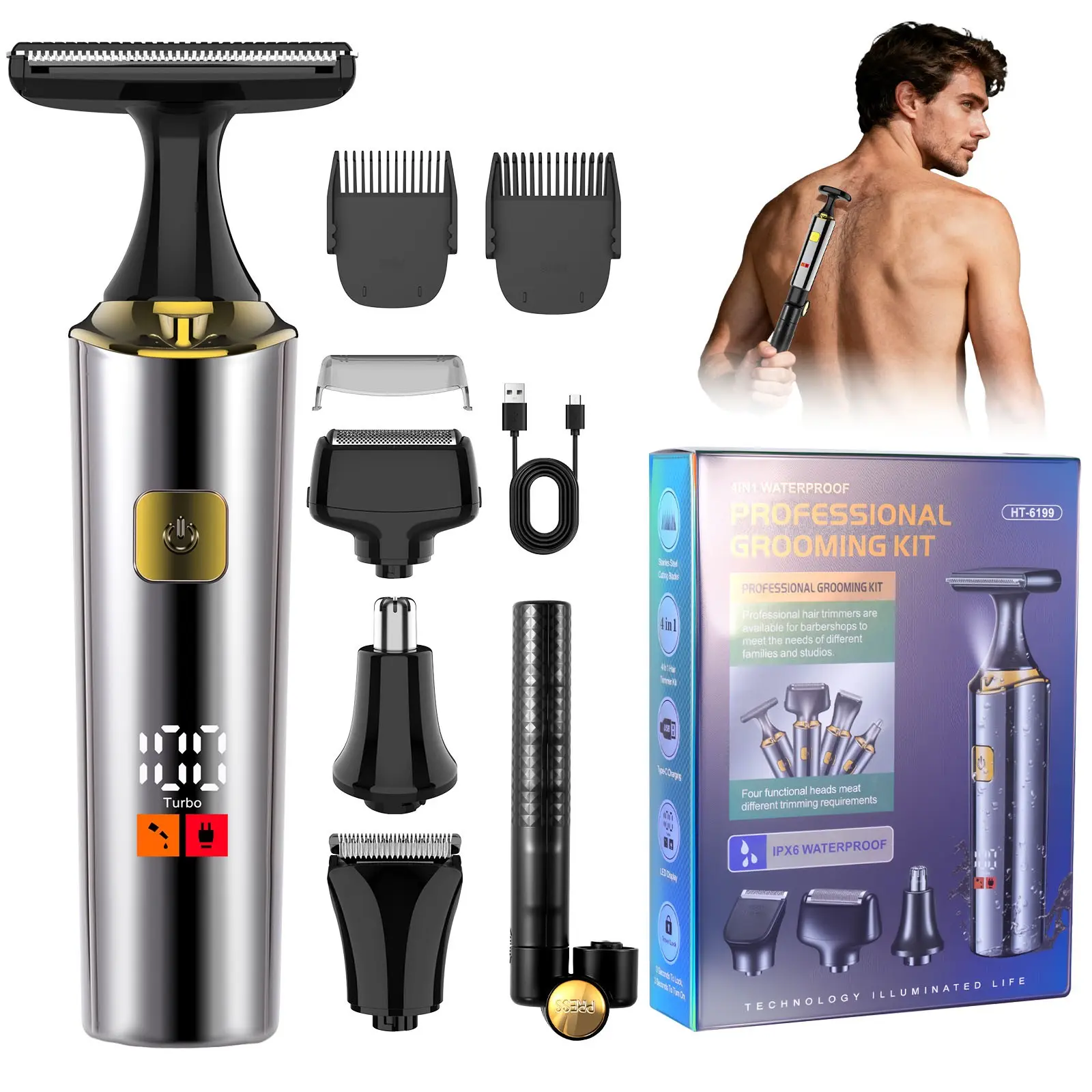 Hatteker Electric Back Shaver, Multi-Function Body Hair Trimmer, 4-In-1 Set, Extendable Arm, Waterproof, Face, Chin, Arm, Back Grooming Kit