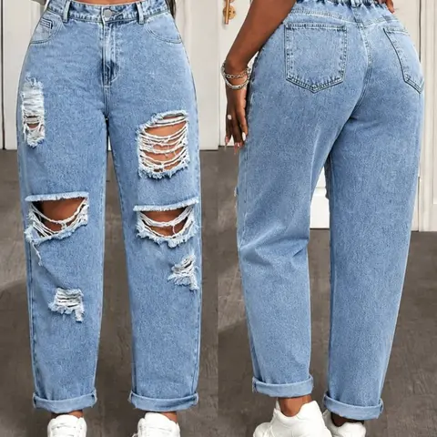 Women's Plus Size Curvy Ripped Denim Jeans, Straight Leg Cuffed Everyday Jeans, Non-Elastic High Waist Button Design, Perfect for Casual Wear