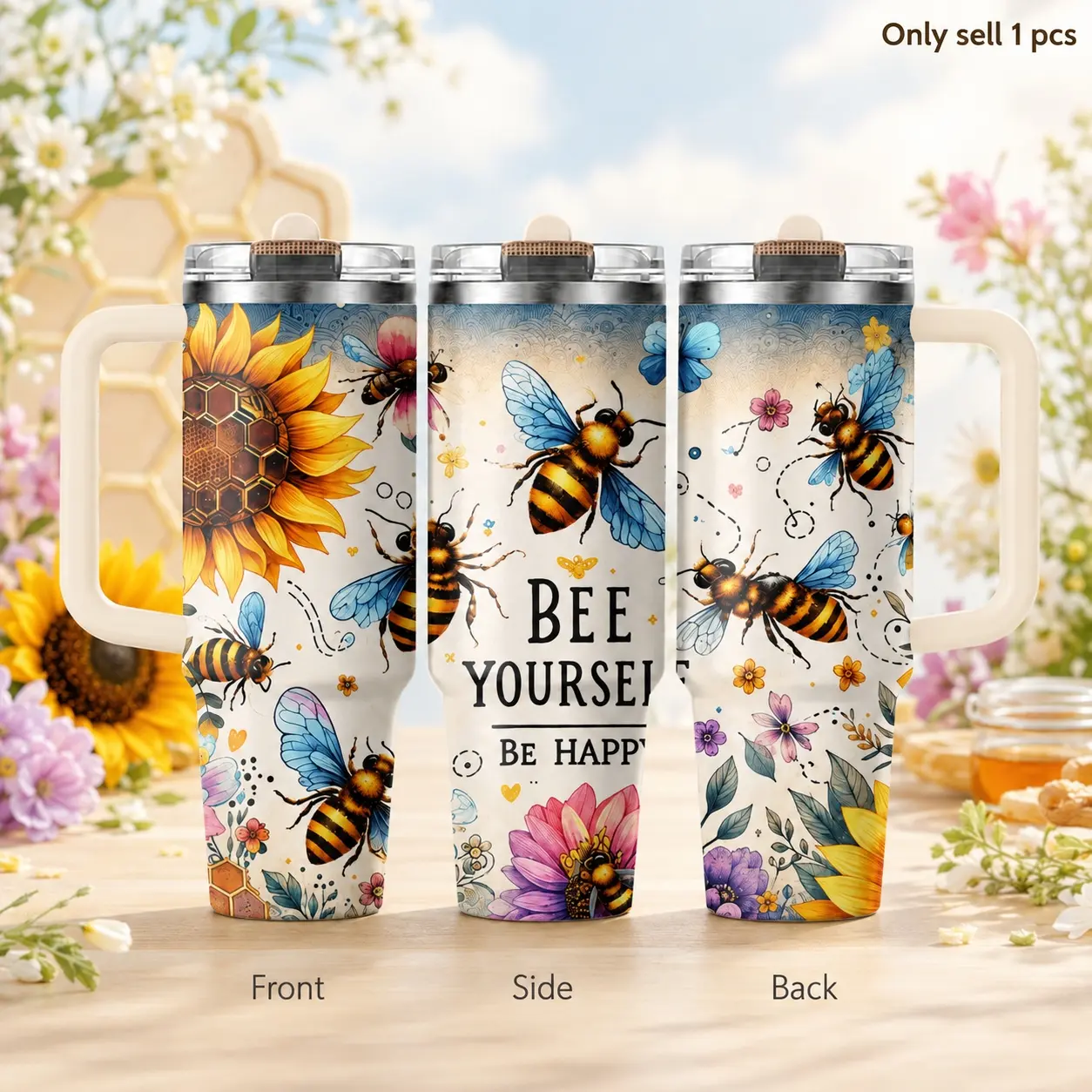 Bee Yourself Sunflower 40oz Tumbler – Positive Quote Bumblebee Floral Stainless Steel Insulated Travel Cup with Handle & Straw Lid for Coffee, Water, Office, Garden, Daily Motivation Gift