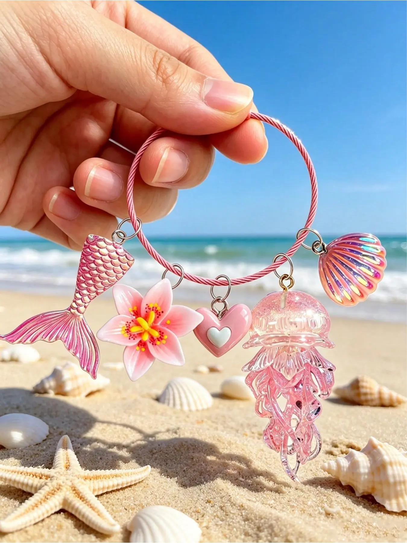 Oceanic Jellyfish Tail Flower Keychain, Gradient Shell Heart Pendant, Cute Bag Charm, High-Style Key Ring, Perfect for Beach & Daily Use