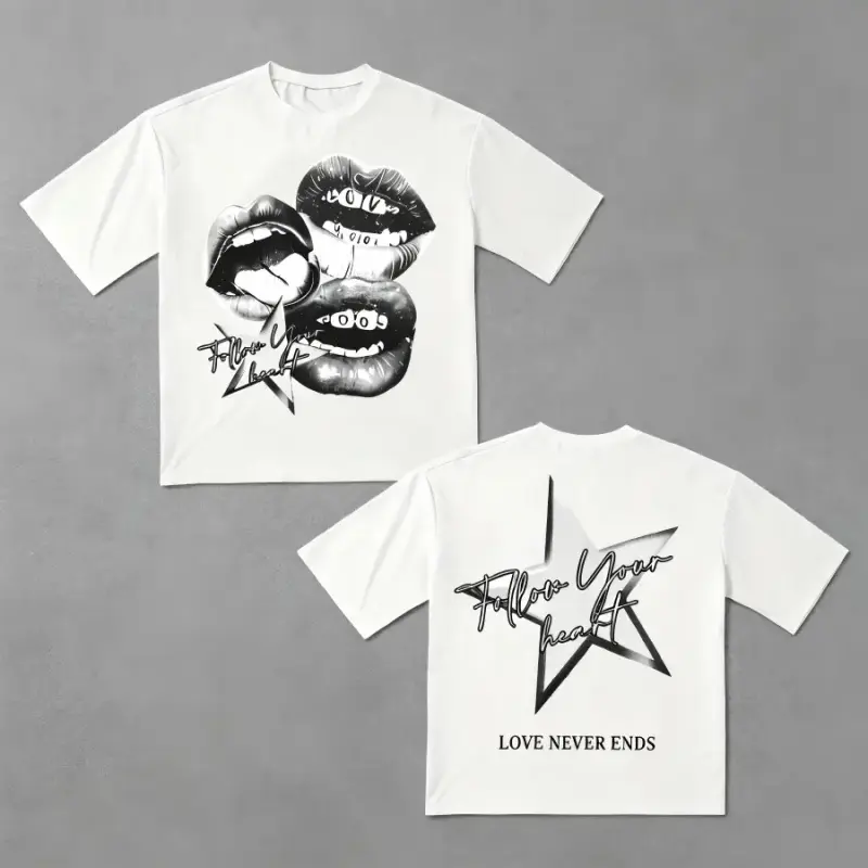 [Graphic Tee][Graphic Tee]Graphic Lips Star Print Y2K Grunge Graphic Tee, Vintage Streetwear Shortsleeve Drop Shoulder Unisex T-Shirt, Casual Summer Crewneck Top for Men Women funny meme oversized