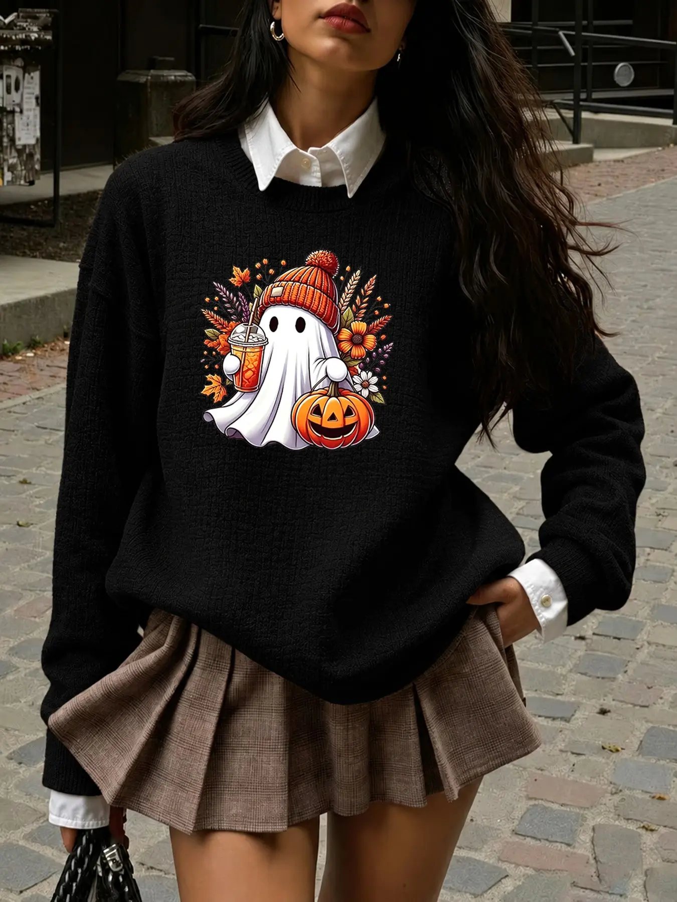 New Halloween Ghost Pumpkin Print Round Neck Warm Faux Fur Pullover, Casual Women's T-Shirt for All Seasons