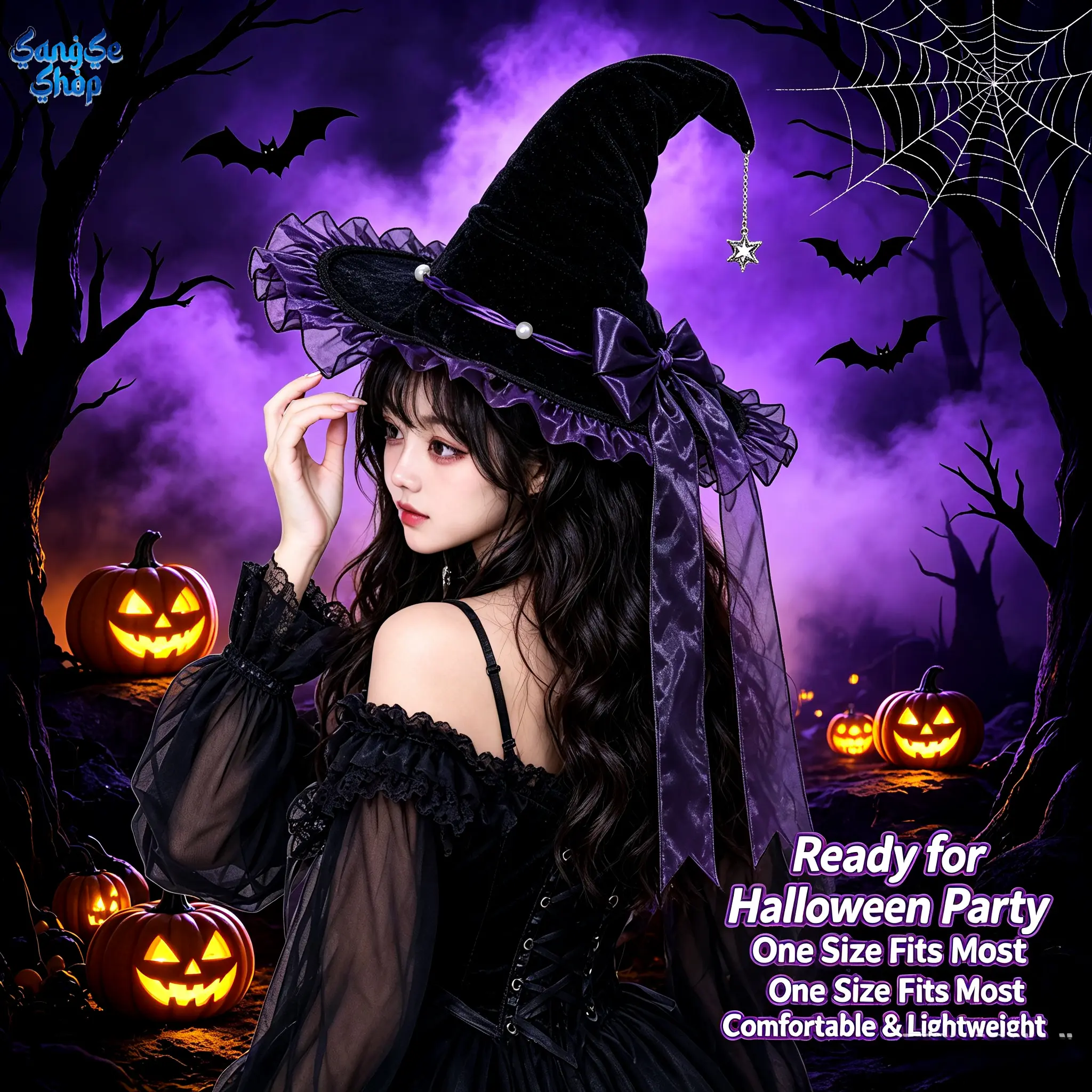 Halloween Witch Hat for Women, Black Purple Bow Wizard Hat, Gothic Lolita Style Cosplay Accessory, Spooky Party Costume Hat for Halloween, Masquerade, Theme Events, Costume Parties & Fantasy Dress Up