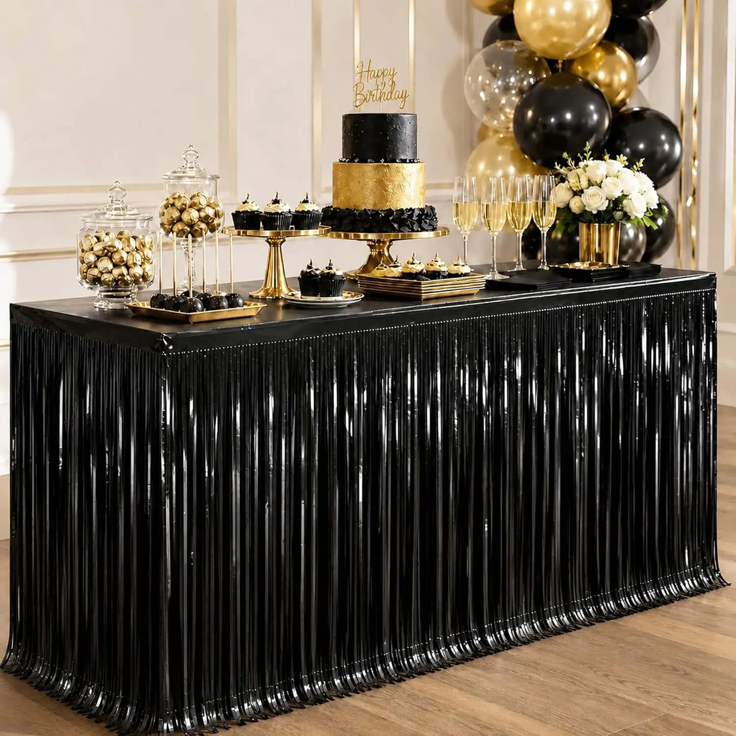 Household Textile 4-Pack Black Metallic Foil Fringe Rectangle Table Skirt, Disposable Tinsel Streamer Decor (29x108 in) for Graduation, Halloween Decor