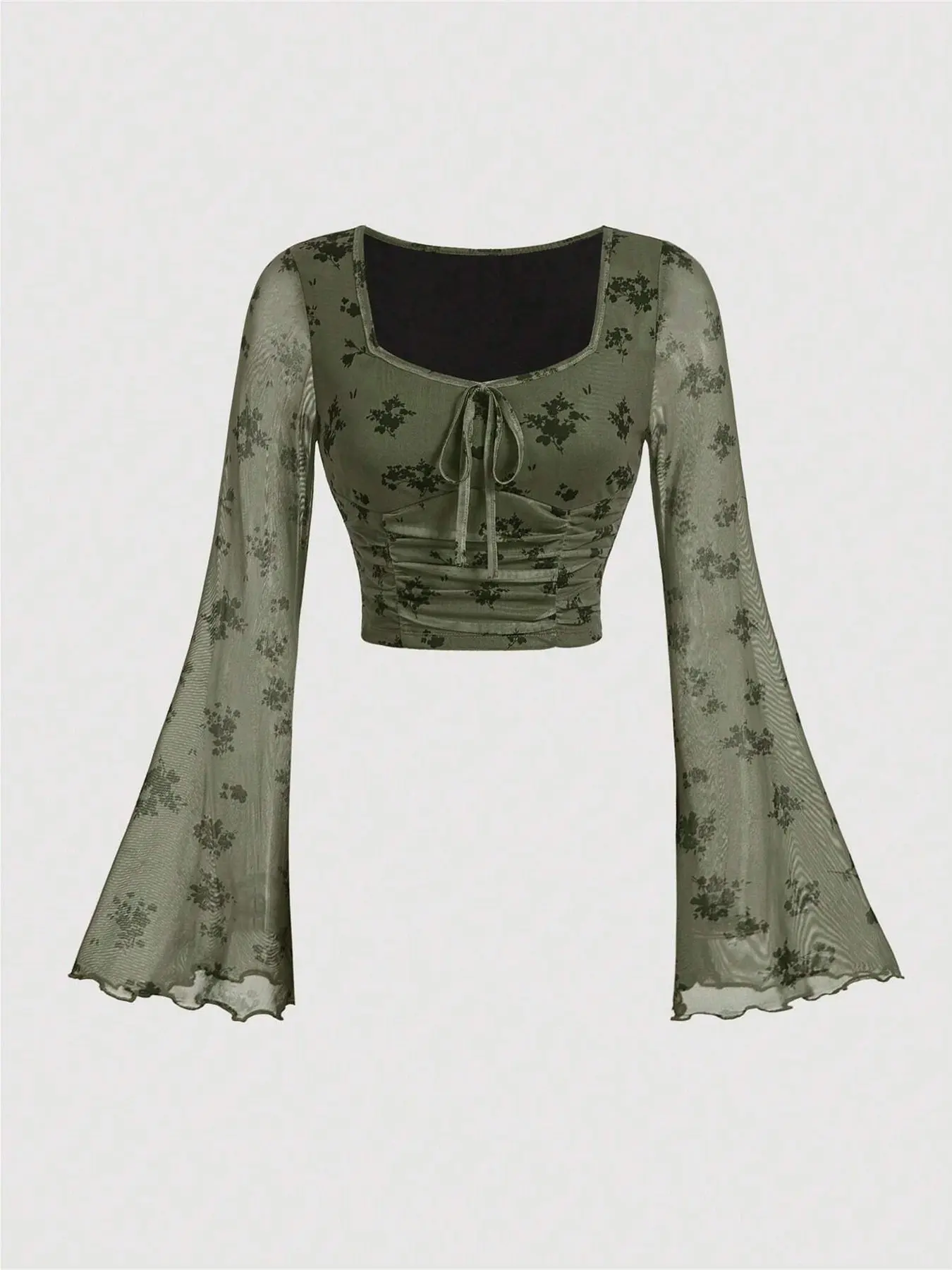 Women's Casual Long Sleeve Floral Print Flare Sleeve Vintage T-Shirt
